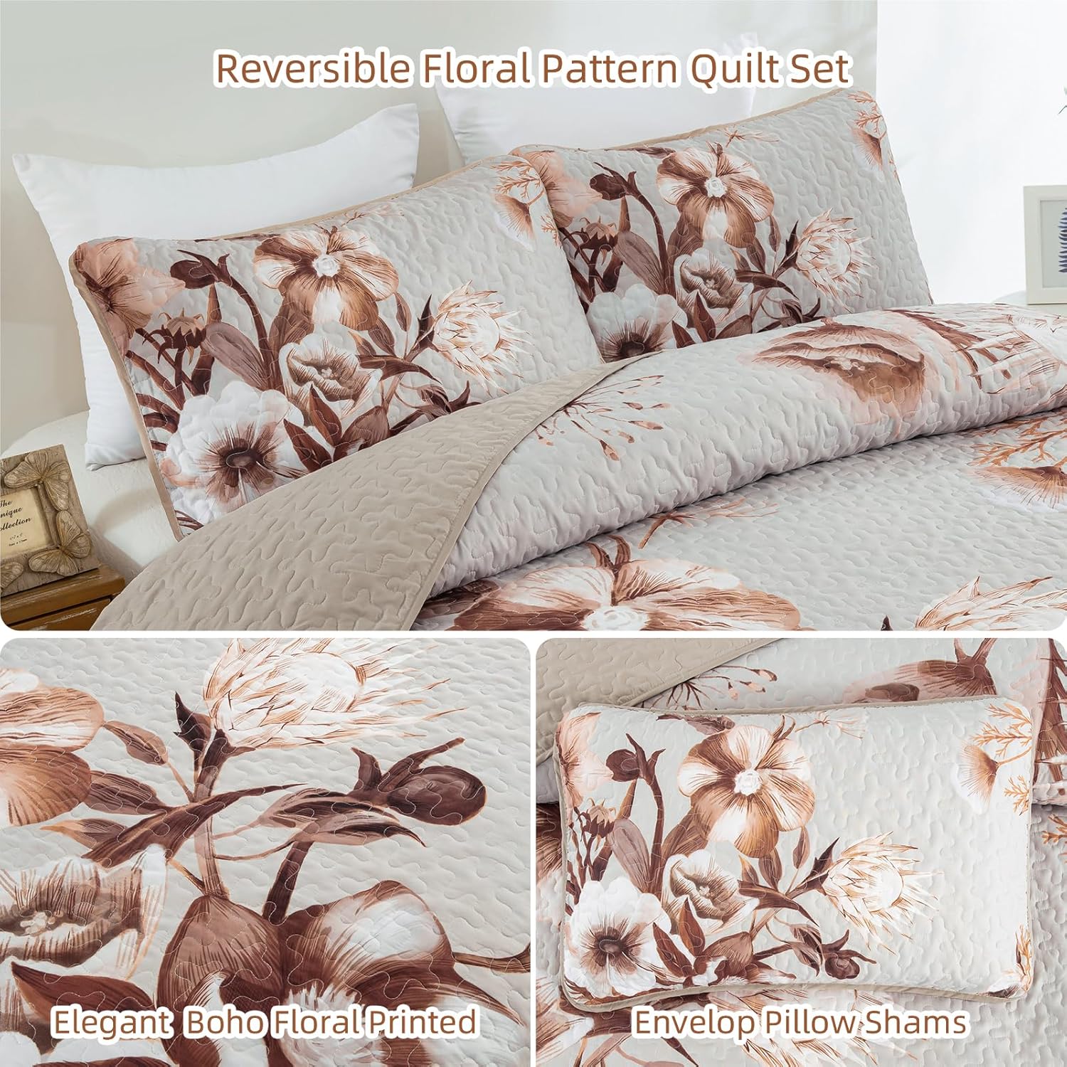 Drucon Boho Floral Quilt Set Queen 3 Piece