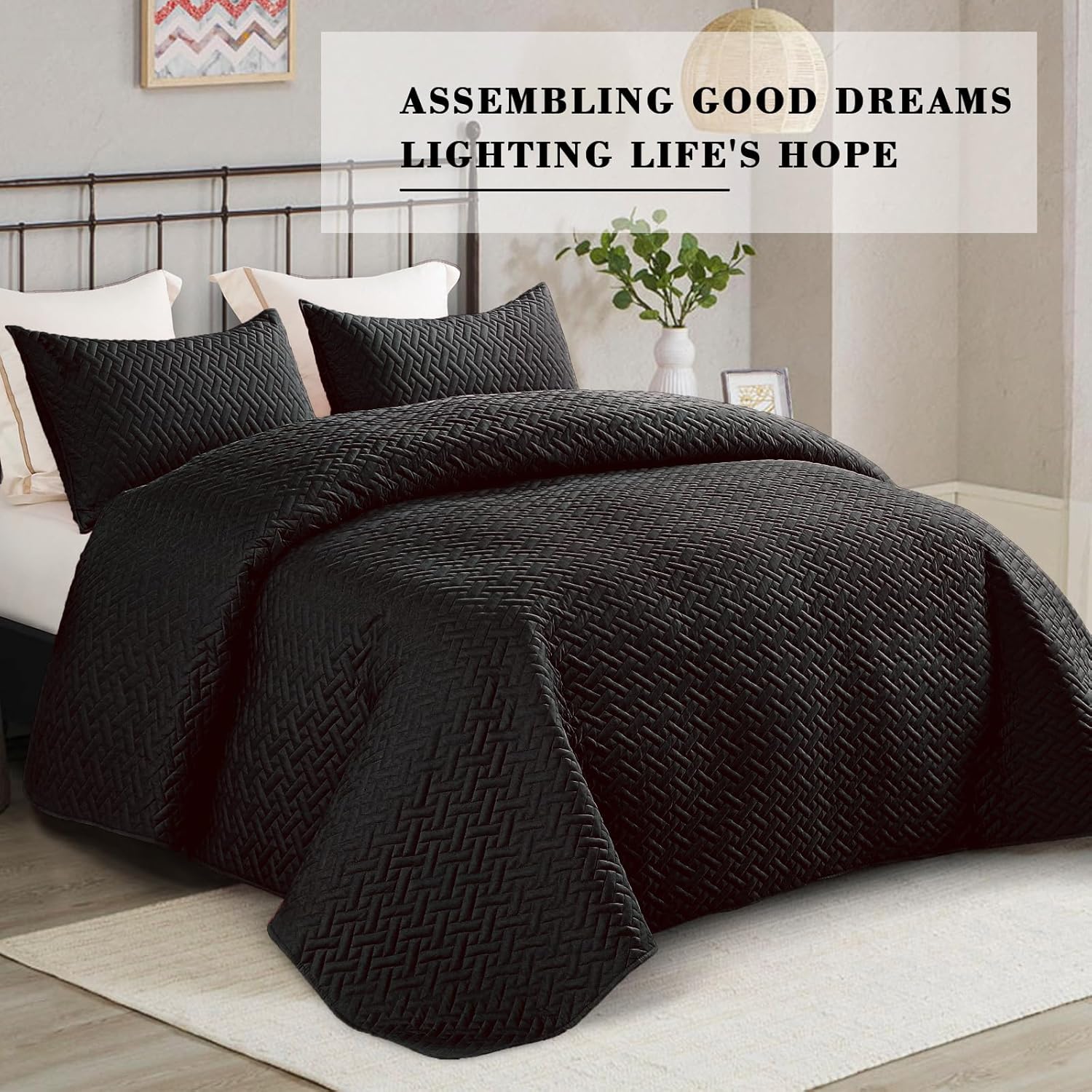 Exclusivo Mezcla Full Queen Quilt Set with Basket Weave Pattern Black