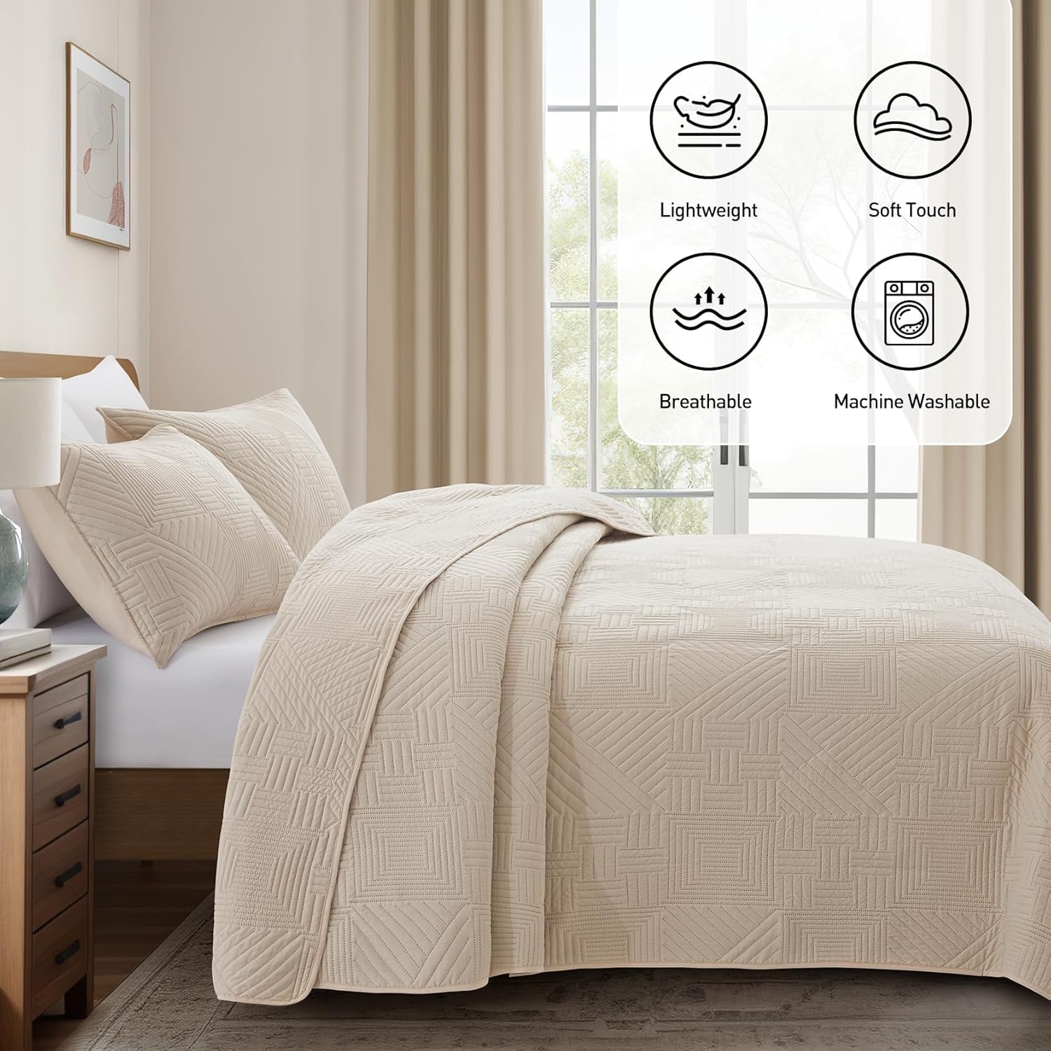 Lavsiry Beige Quilt Set with Pillow Shams 3 Piece King Size
