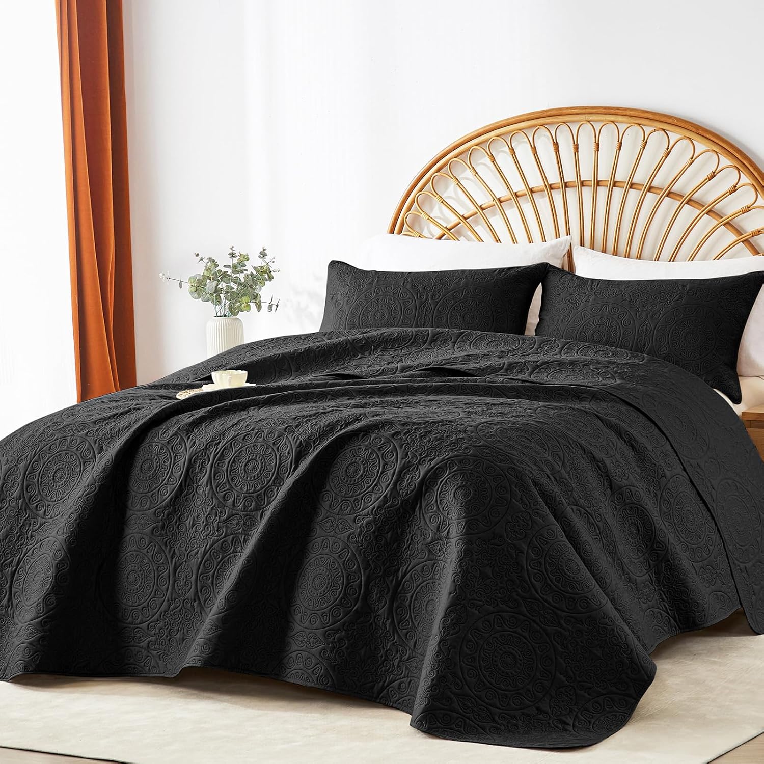 WURUIBO Black Quilt Set Queen Size Bedding
