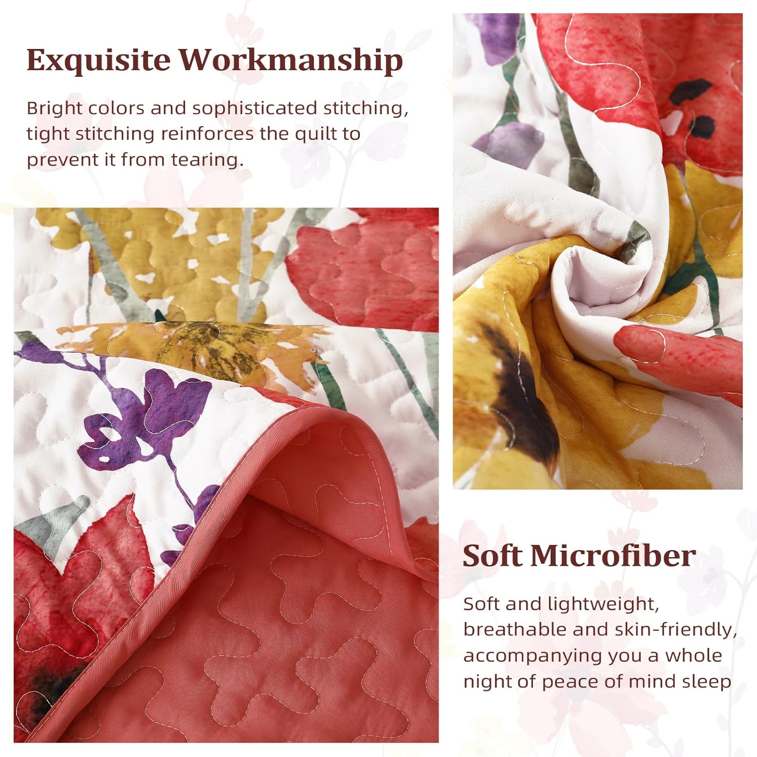 Anibedding Floral Quilt Set King Size 3-Piece Red Bedspread