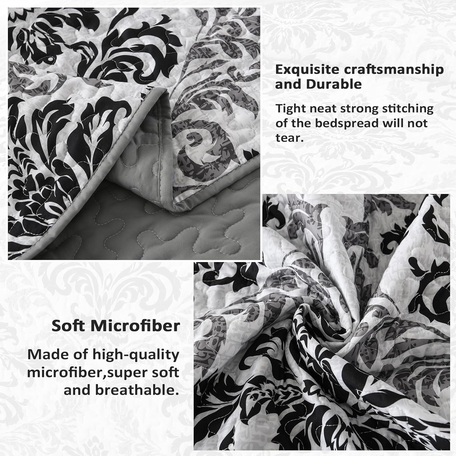 Drucon Black Quilt Set Queen Size 3 Pieces Boho Damask