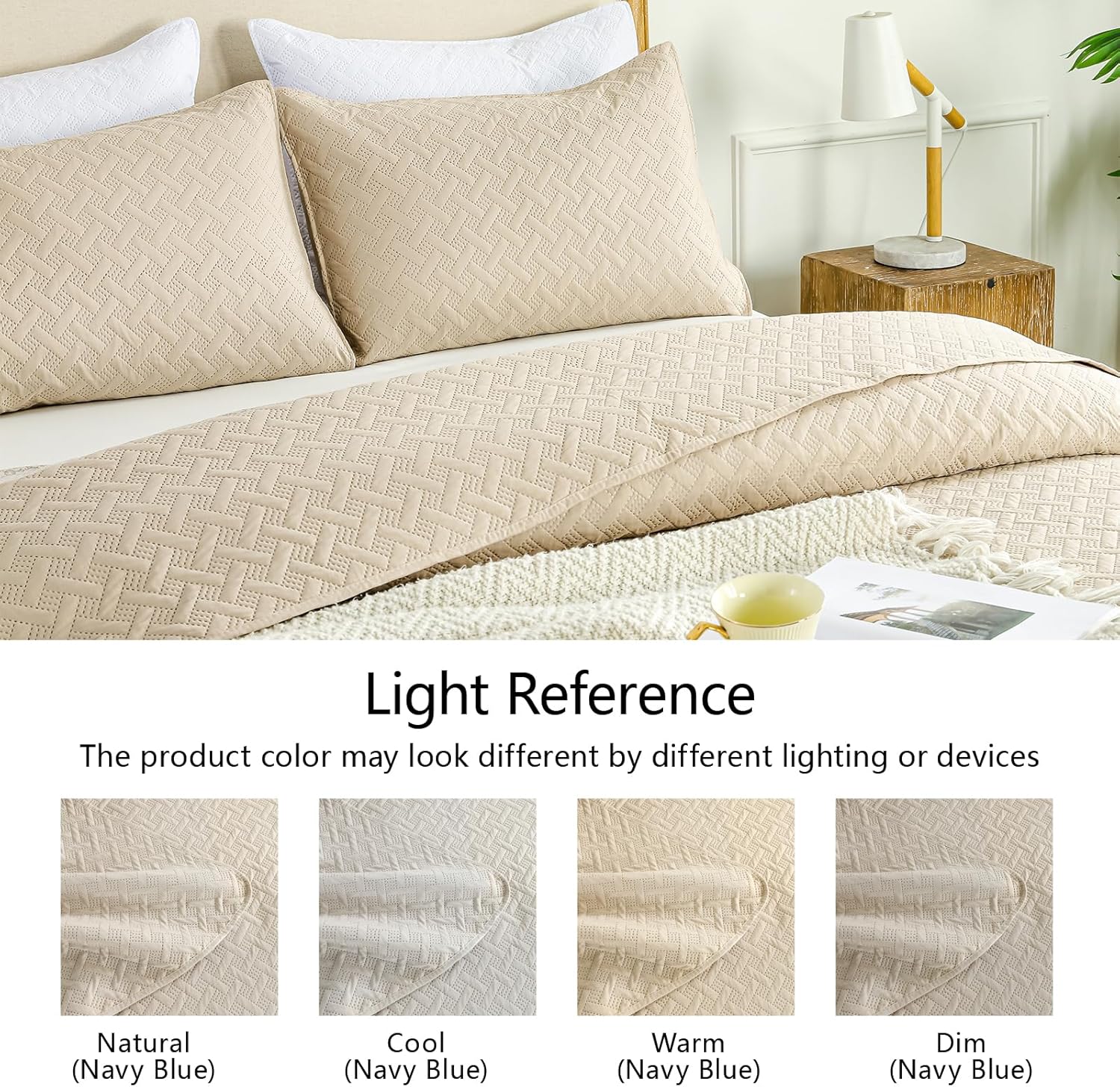FLYMME King Quilt Bedspread Set with 2 Shams Beige Geometric Stripe Pattern