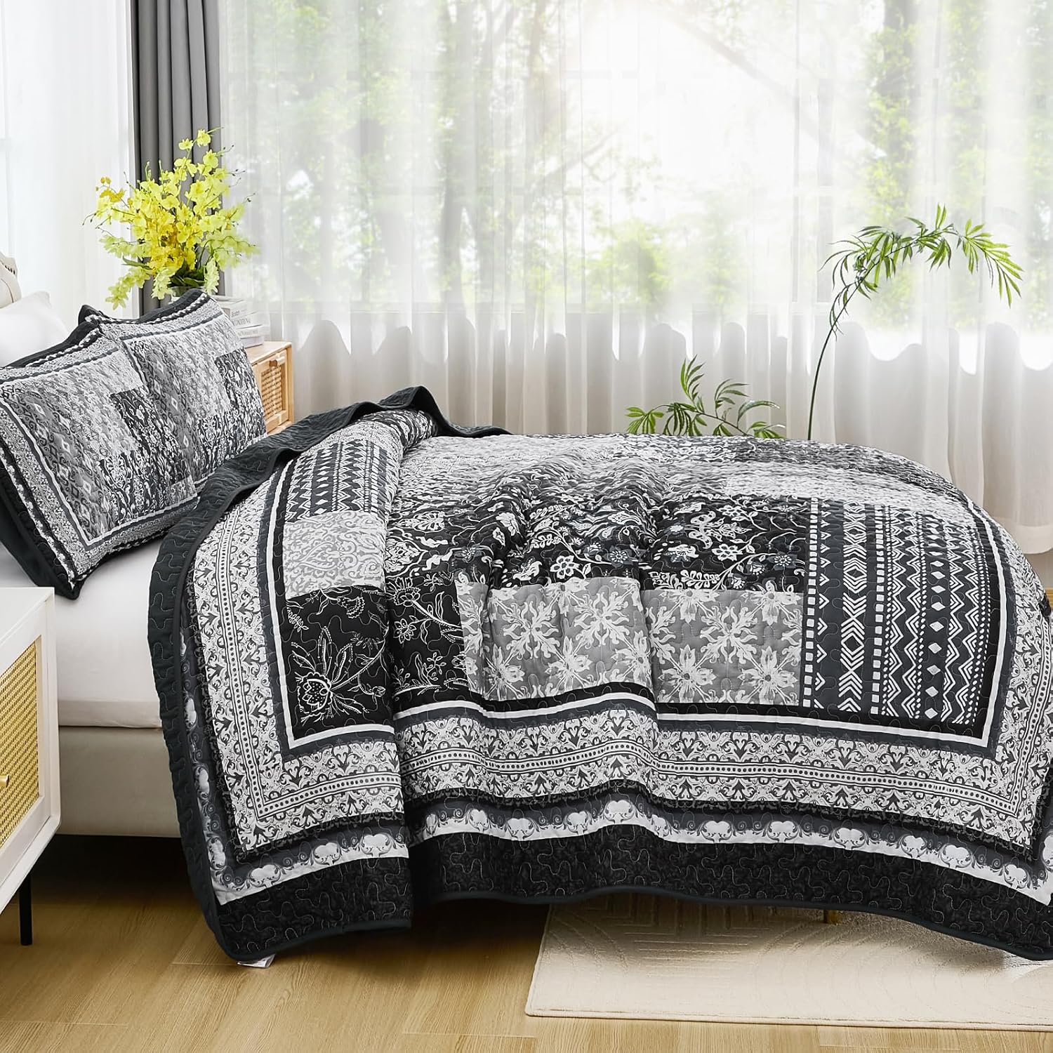 WONGS BEDDING Black Quilt Set King Size 3 Pieces