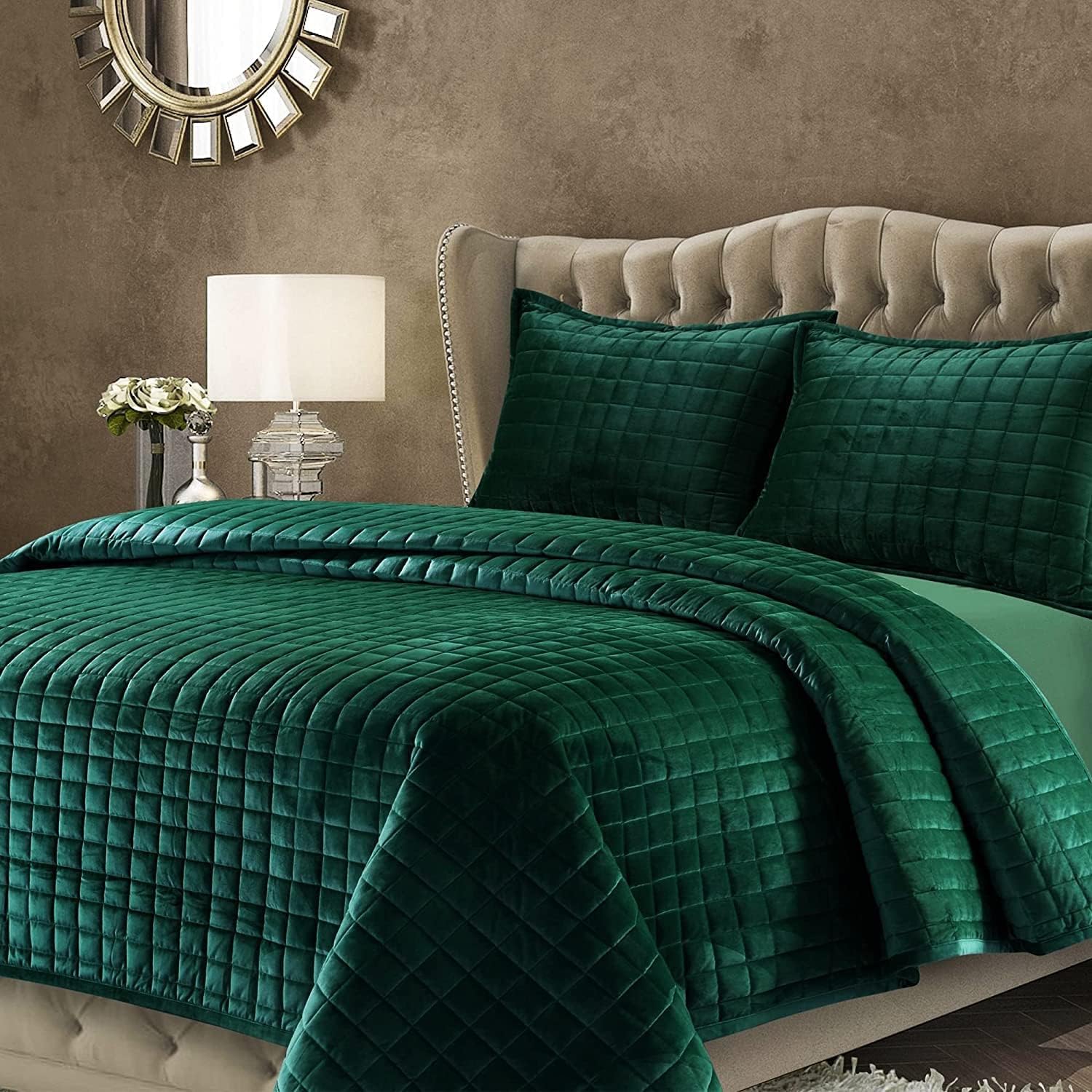 Tribeca Living Emerald Green Velvet Quilt Set King