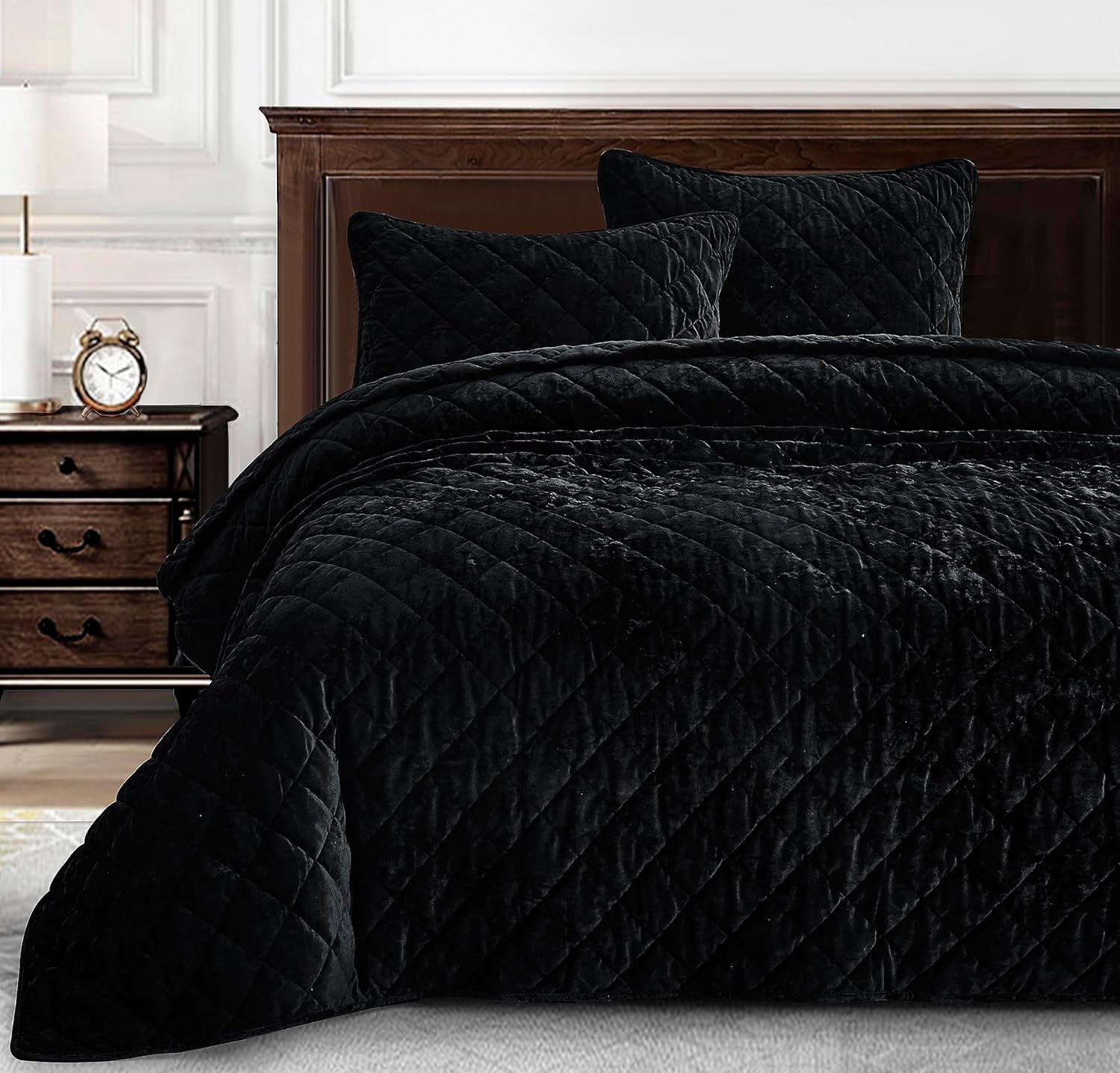 Chezmoi Lux Black Velvet Quilt King Set