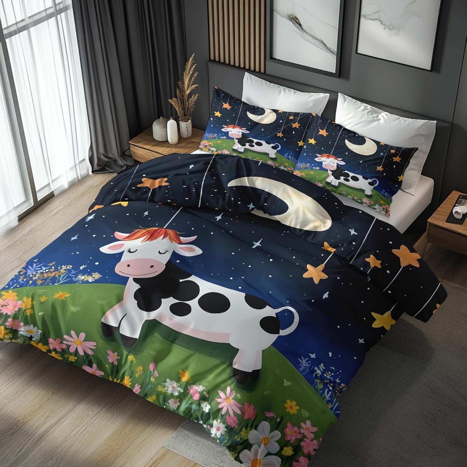 Kids Cow Duvet Cover Cal King Set with Zipper Ties