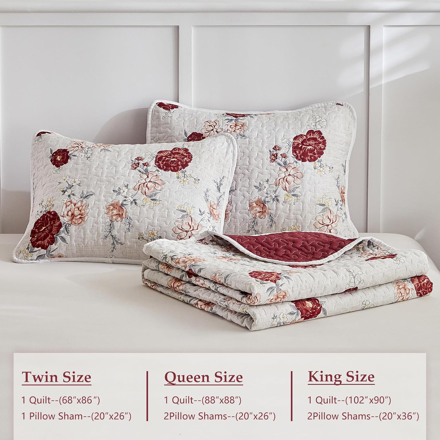 Shxime Floral Quilt Set 3 Pieces Queen Size