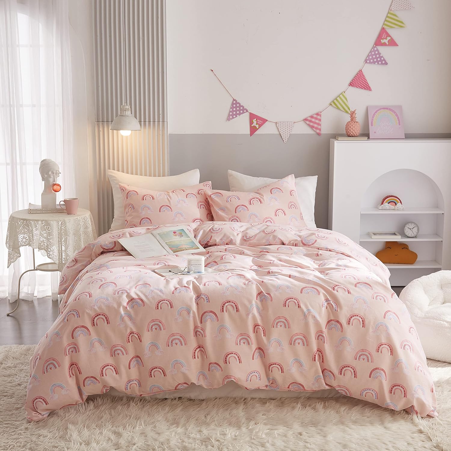 Ivellow Rainbow Pink Twin Duvet Cover Set 3Pcs