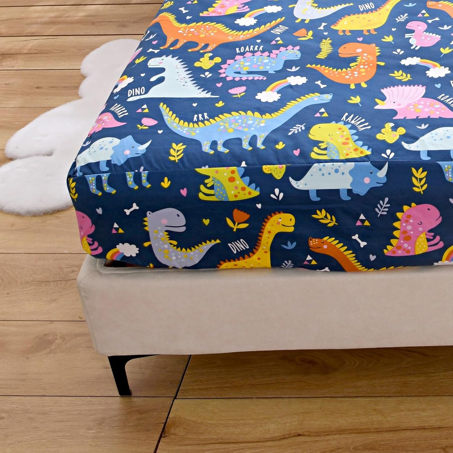 NATURETY Bed Fitted Sheet Twin Dino Printed Navy Blue