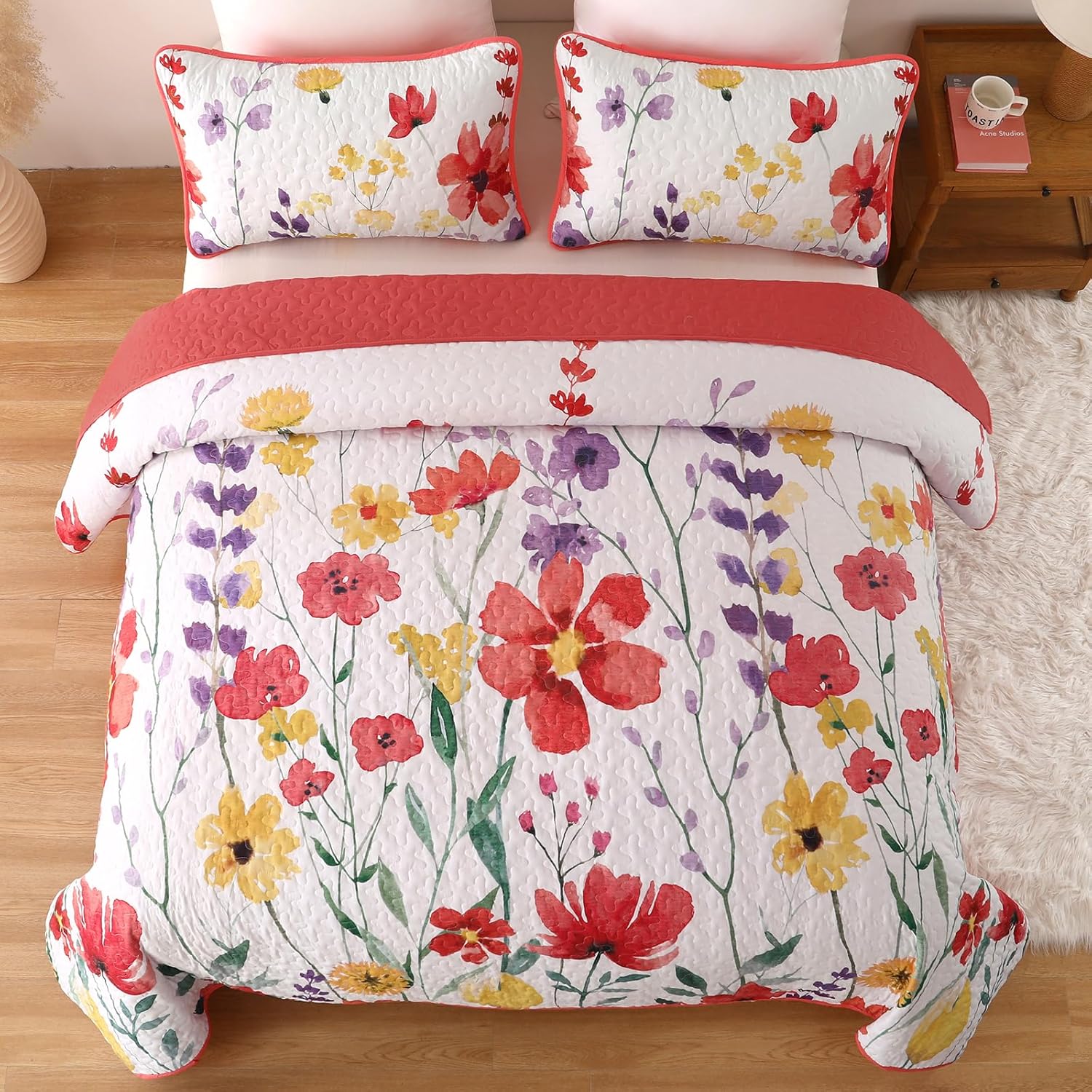 Anibedding Floral Quilt Set King Size 3-Piece Red Bedspread