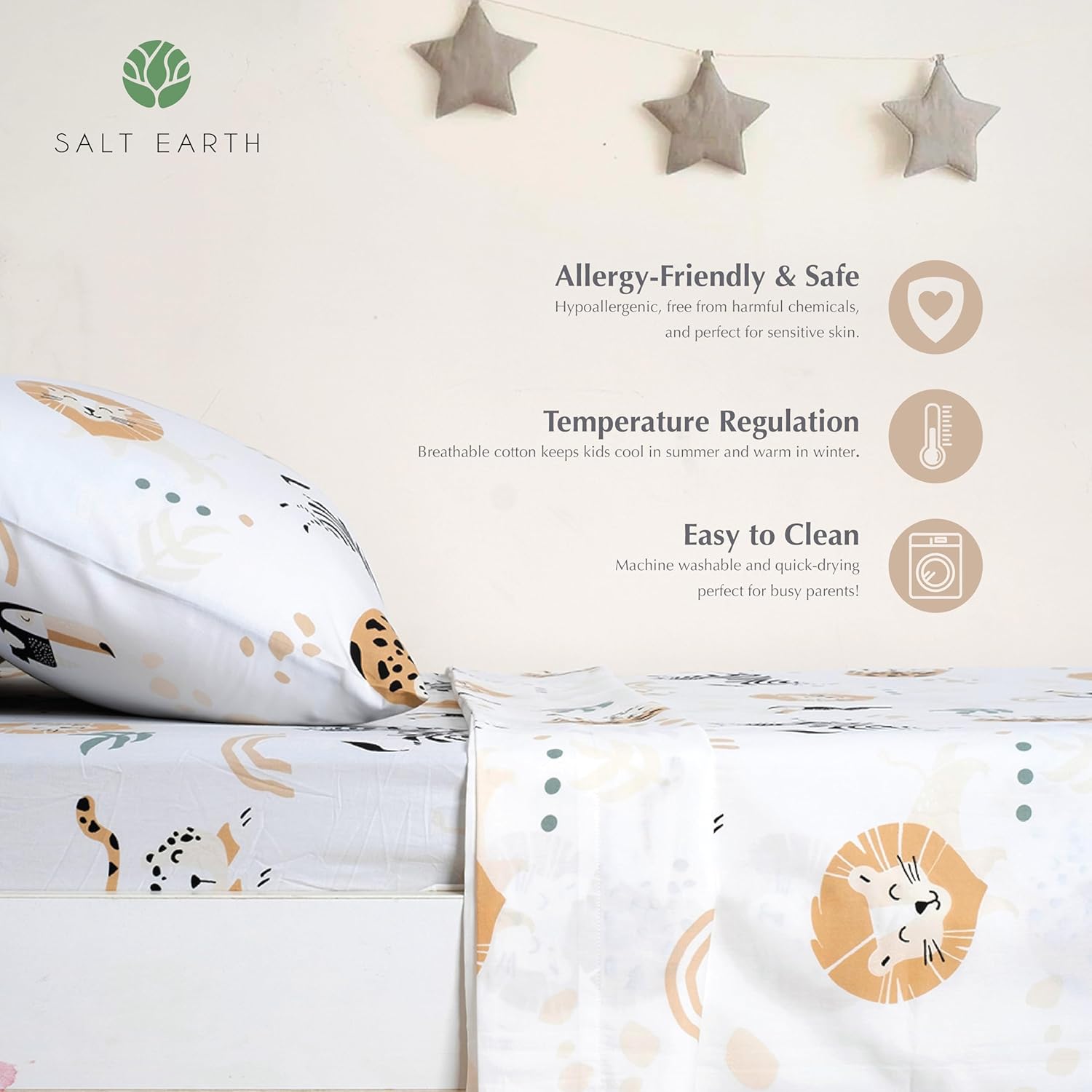 Salt Earth 100 Cotton 210TC Kids Bedsheet Set - Twin Fitted Pillowcase Jungle Themed