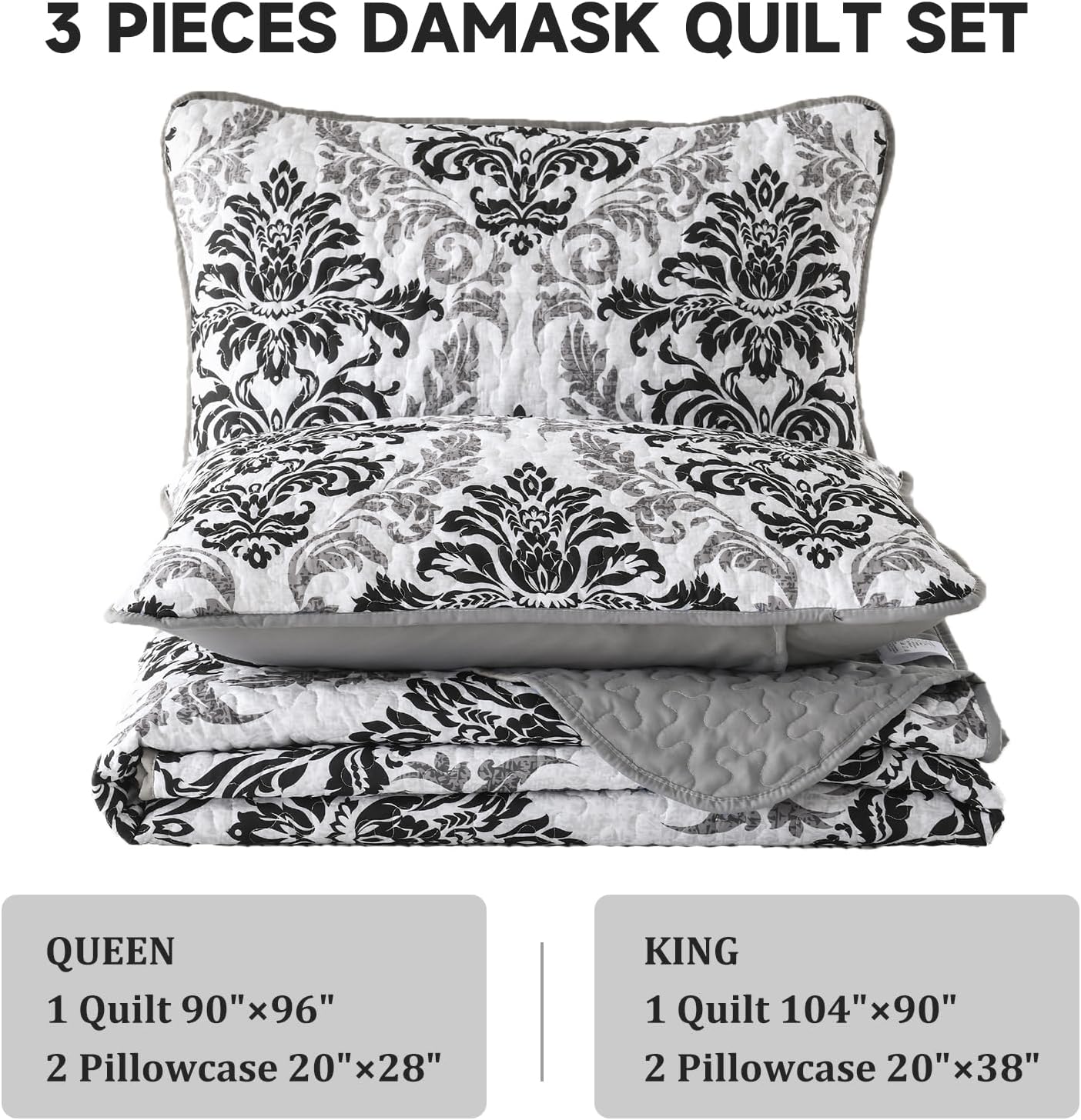 Drucon Black Quilt Set Queen Size 3 Pieces Boho Damask