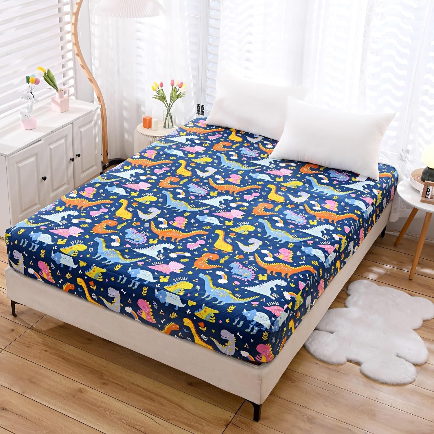 NATURETY Bed Fitted Sheet Twin Dino Printed Navy Blue
