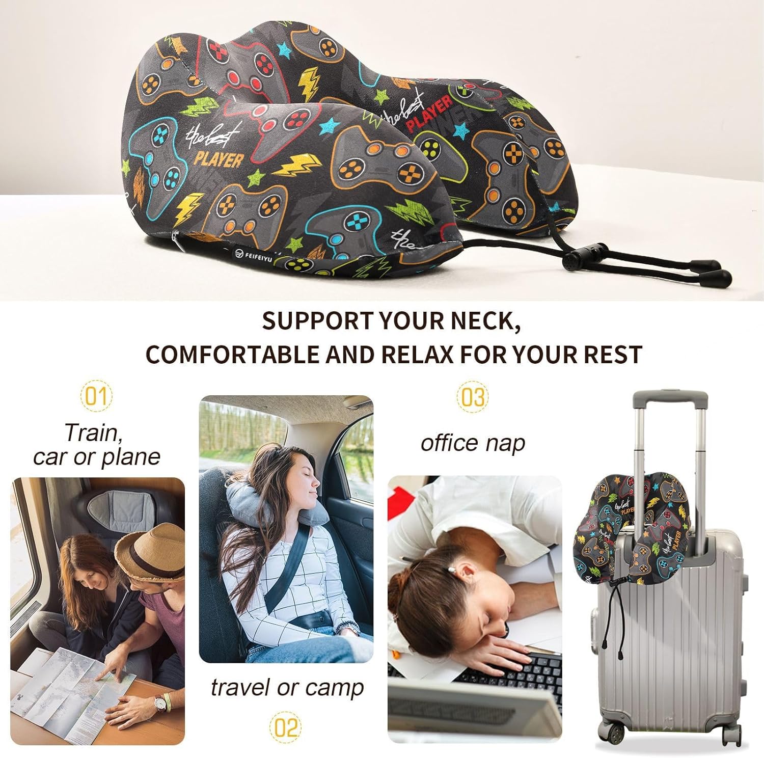 JIPONI Travel Pillow with Memory Foam and Snap Strap 1