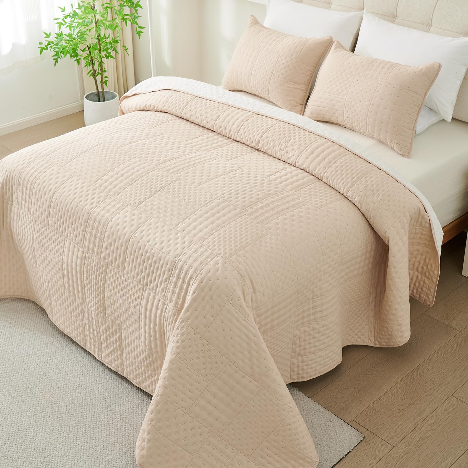Cmfshape Queen Quilt Set - 3 Pieces Reversible Ultrasonic Quilt