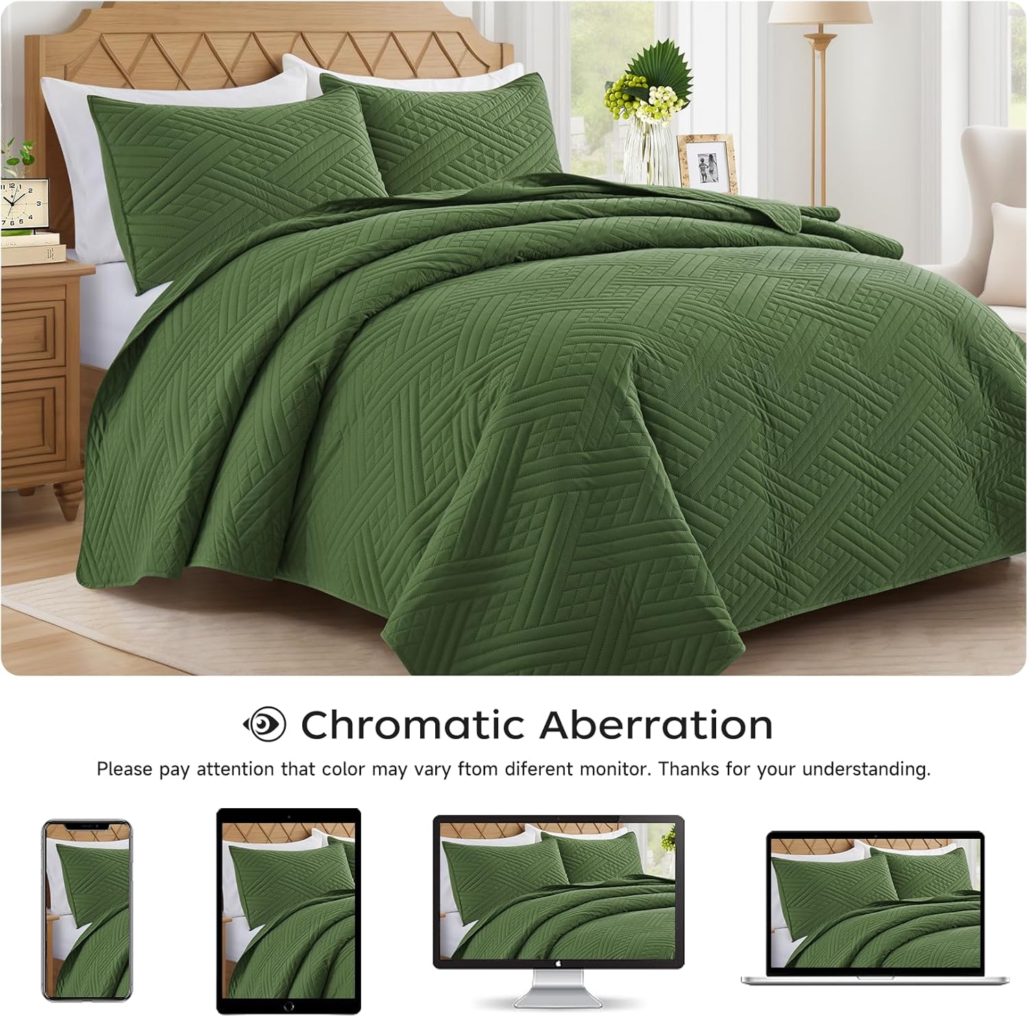 Lavsiry Olive Green Quilt Set Queen Size 3 Piece