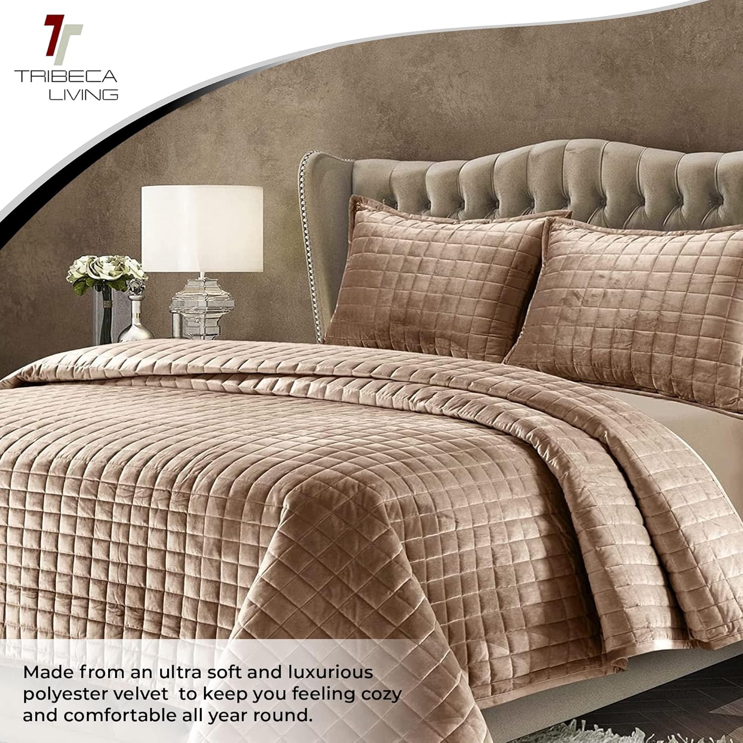 Tribeca Living Velvet Quilt Set King Size Taupe 1