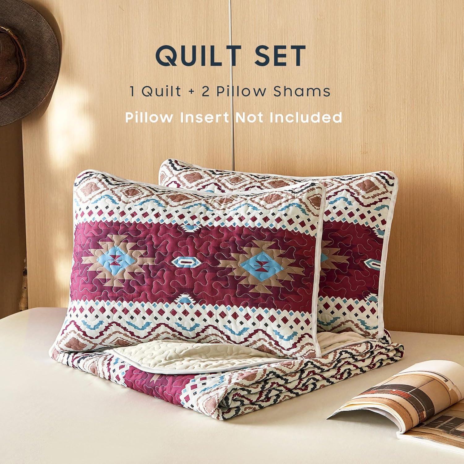 Wake In Cloud Western Quilt Set QueenFull 3 Pieces Beige Burgundy