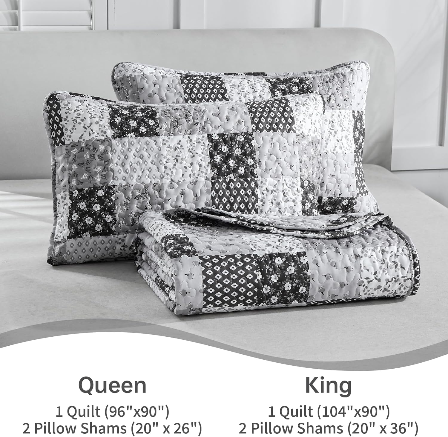 Menghomeus Boho Patchwork Quilt Set King Black Grey