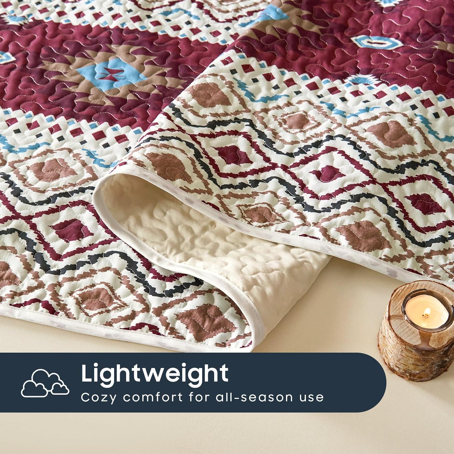 Wake In Cloud Western Quilt Set QueenFull 3 Pieces Beige Burgundy