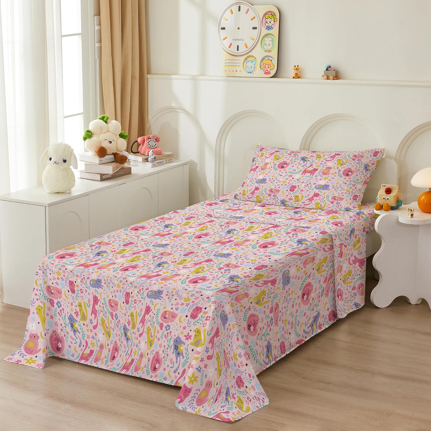 Bedmoon Girls Pink Cat Twin Bed Sheet Set