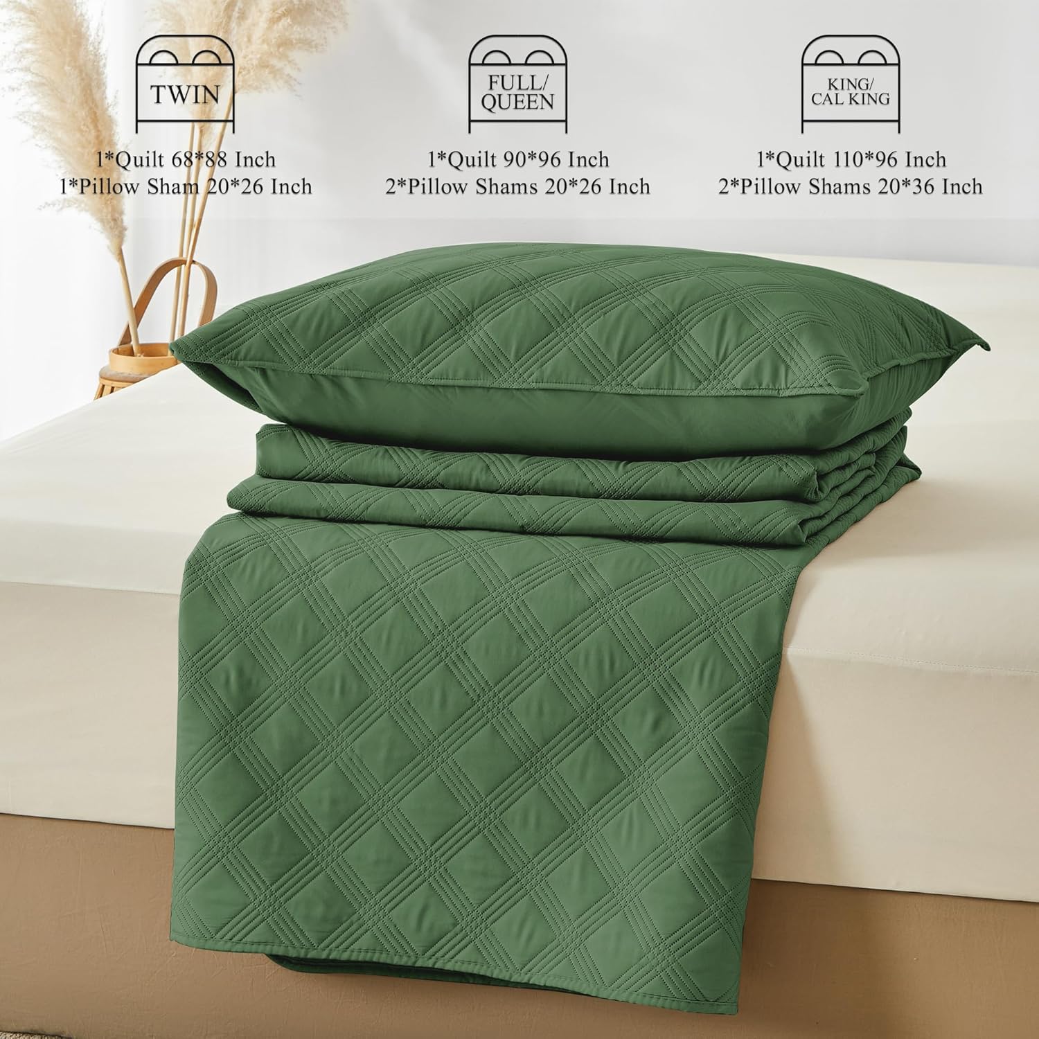 Inron Quilt Set Queen Size Olive Green Microfiber Ultrasonic Full Bedspreads