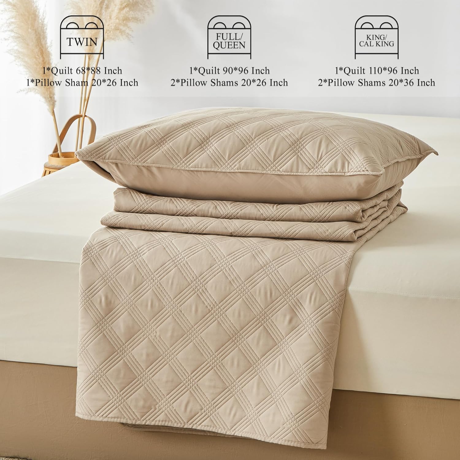 Inron Quilt Set Queen Size Beige Microfiber 1