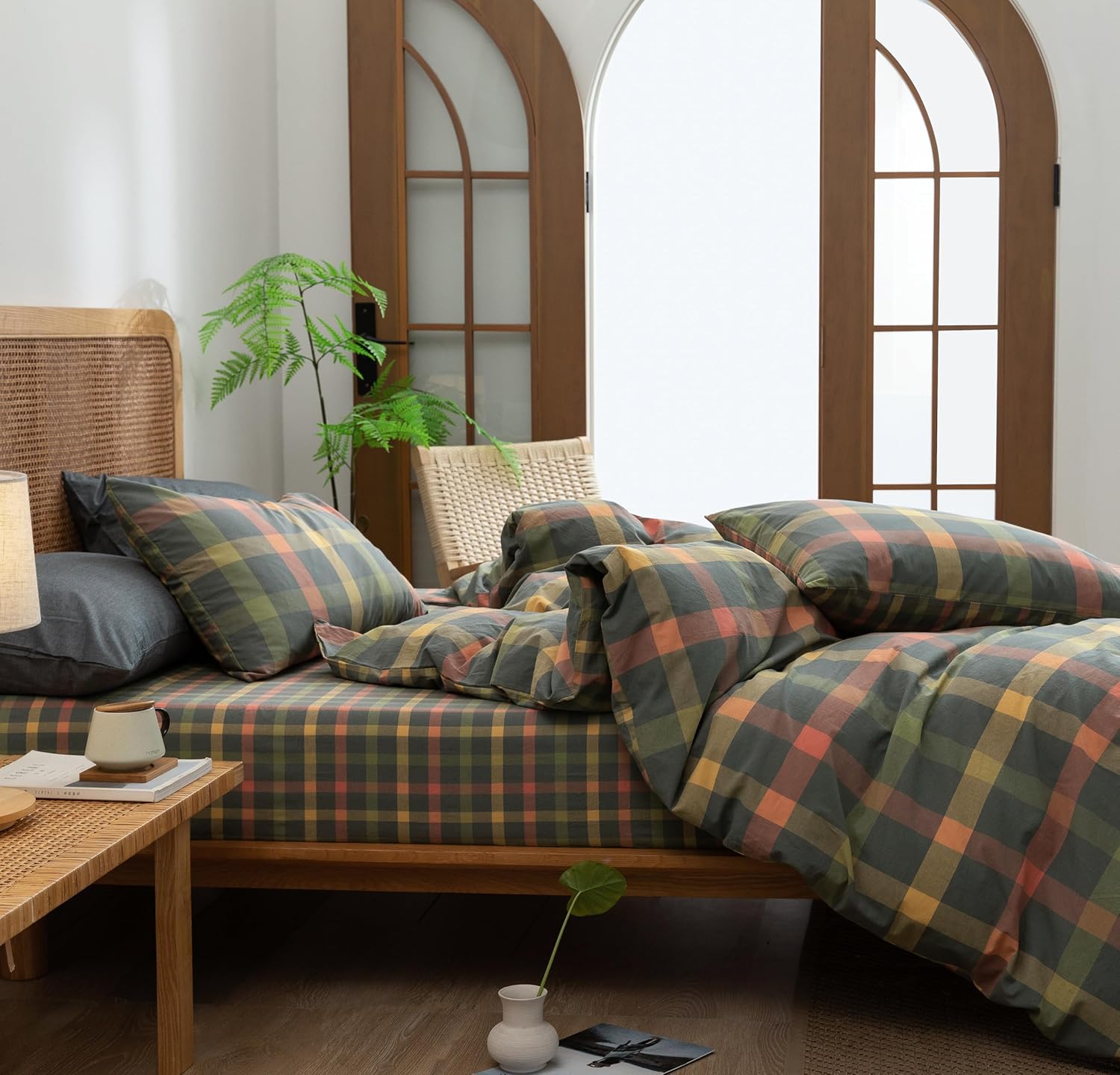 VM VOUGEMARKET Queen Plaid Fitted Sheet with 15 Deep Pocket
