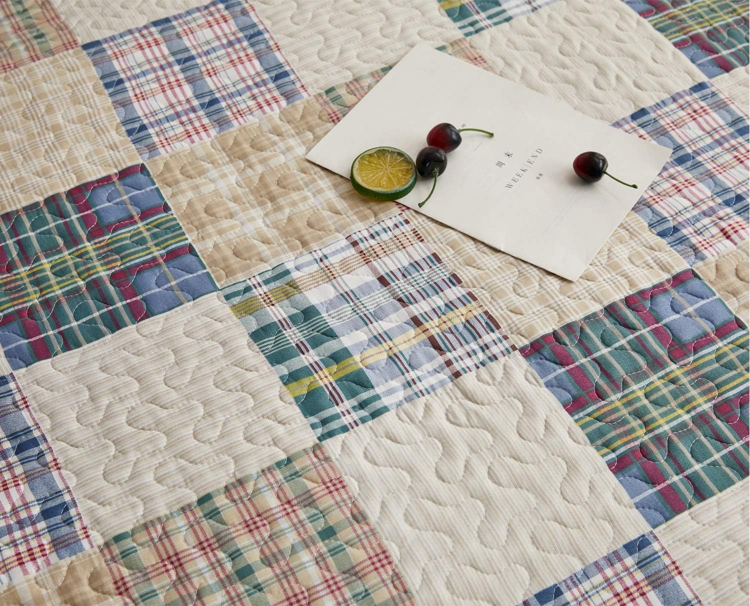 Hailea Beige Plaid Quilt Set Full Queen
