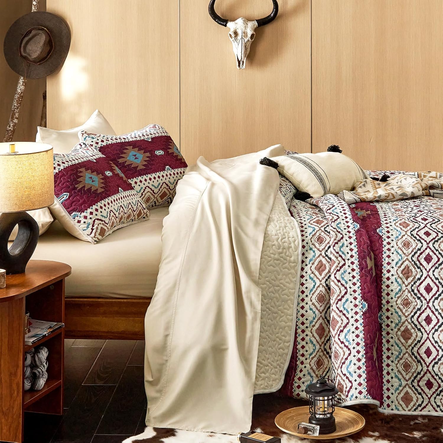 Wake In Cloud Western Quilt Set QueenFull 3 Pieces Beige Burgundy