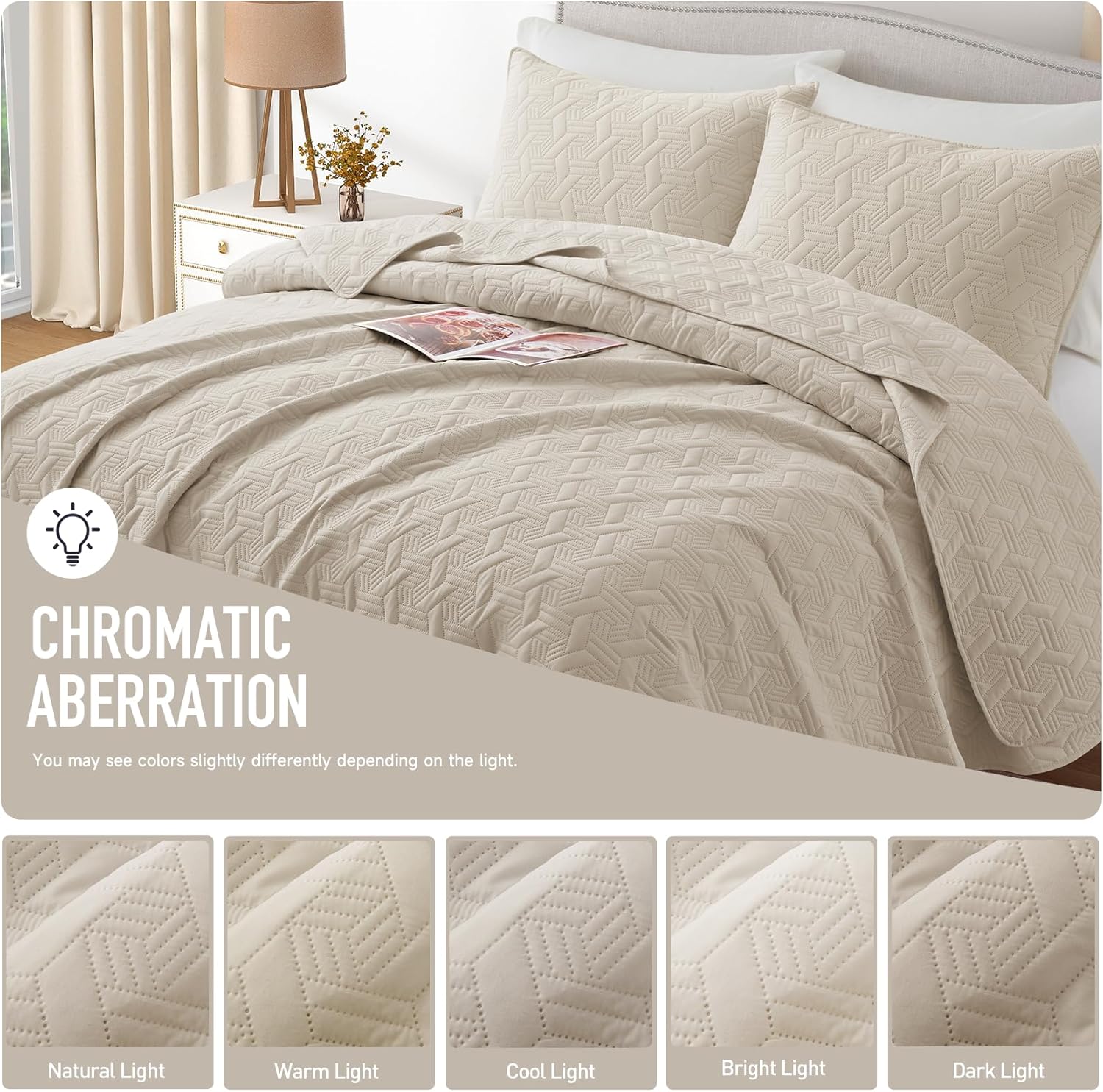 Lavsiry Beige Quilt Set - 3 Piece Full Queen Size Bedding