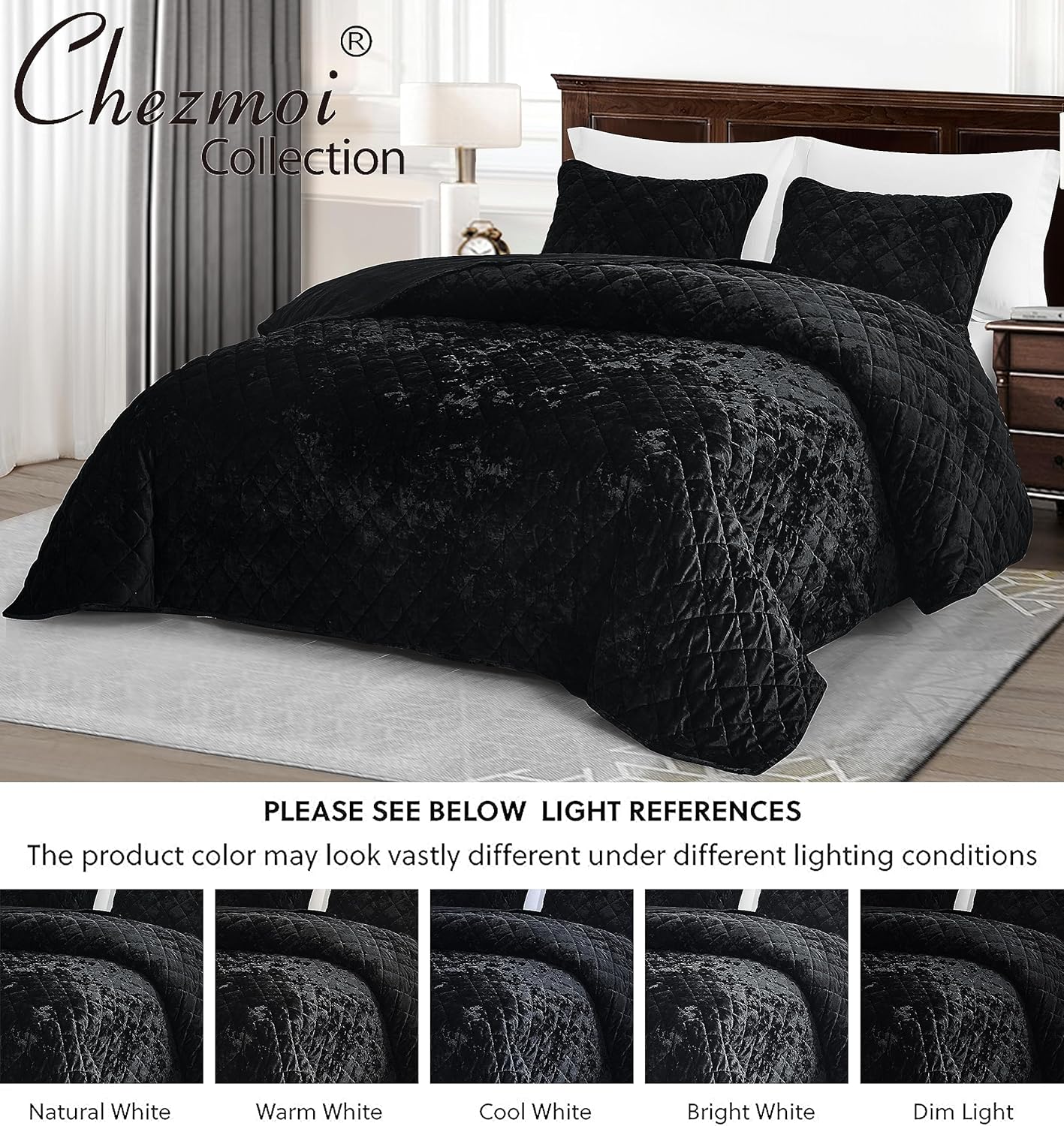 Chezmoi Lux Black Velvet Quilt King Set