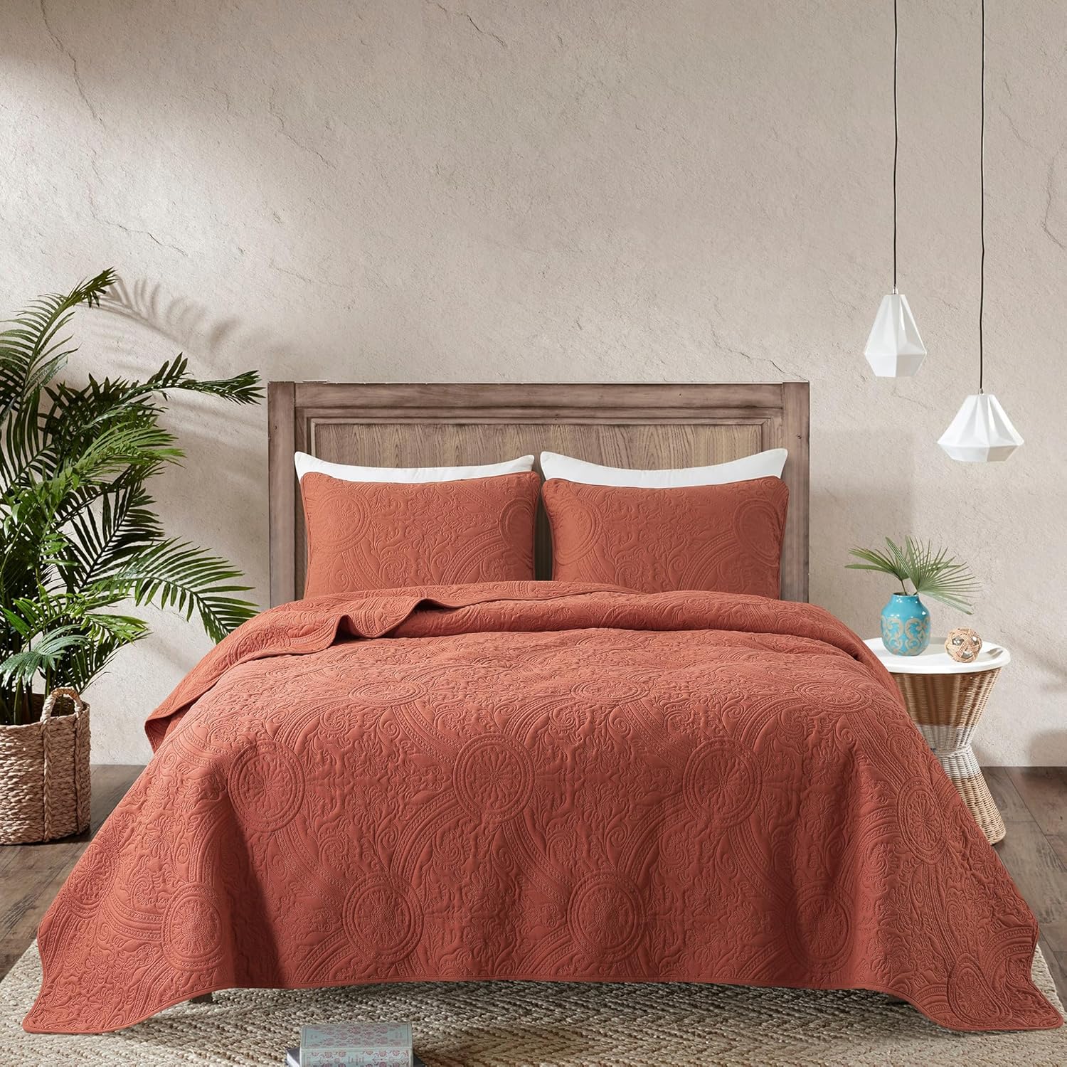 ROARINGWILD Boho Burnt Orange Quilt Set with Pillow Shams