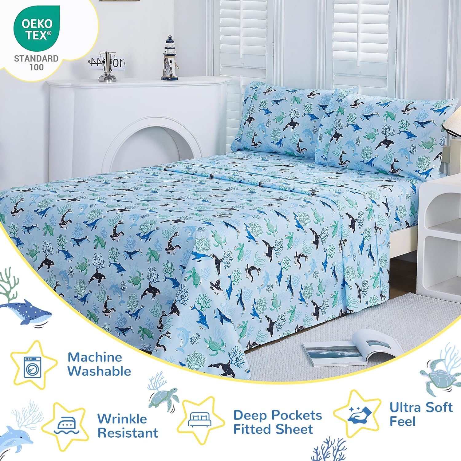 Viviland 3-Piece Kids Blue Ocean Twin Sheet Set