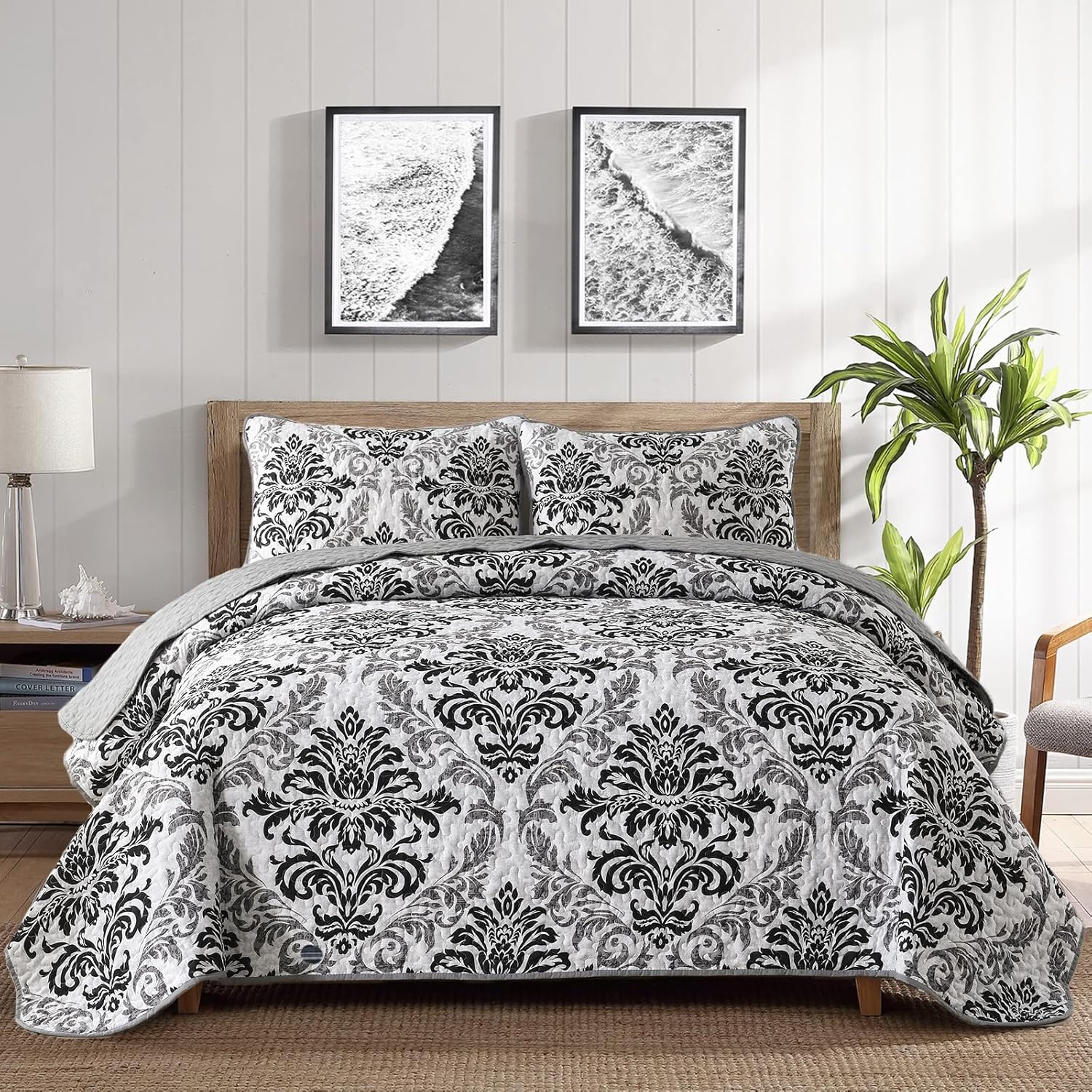 Drucon Black Quilt Set Queen Size 3 Pieces Boho Damask