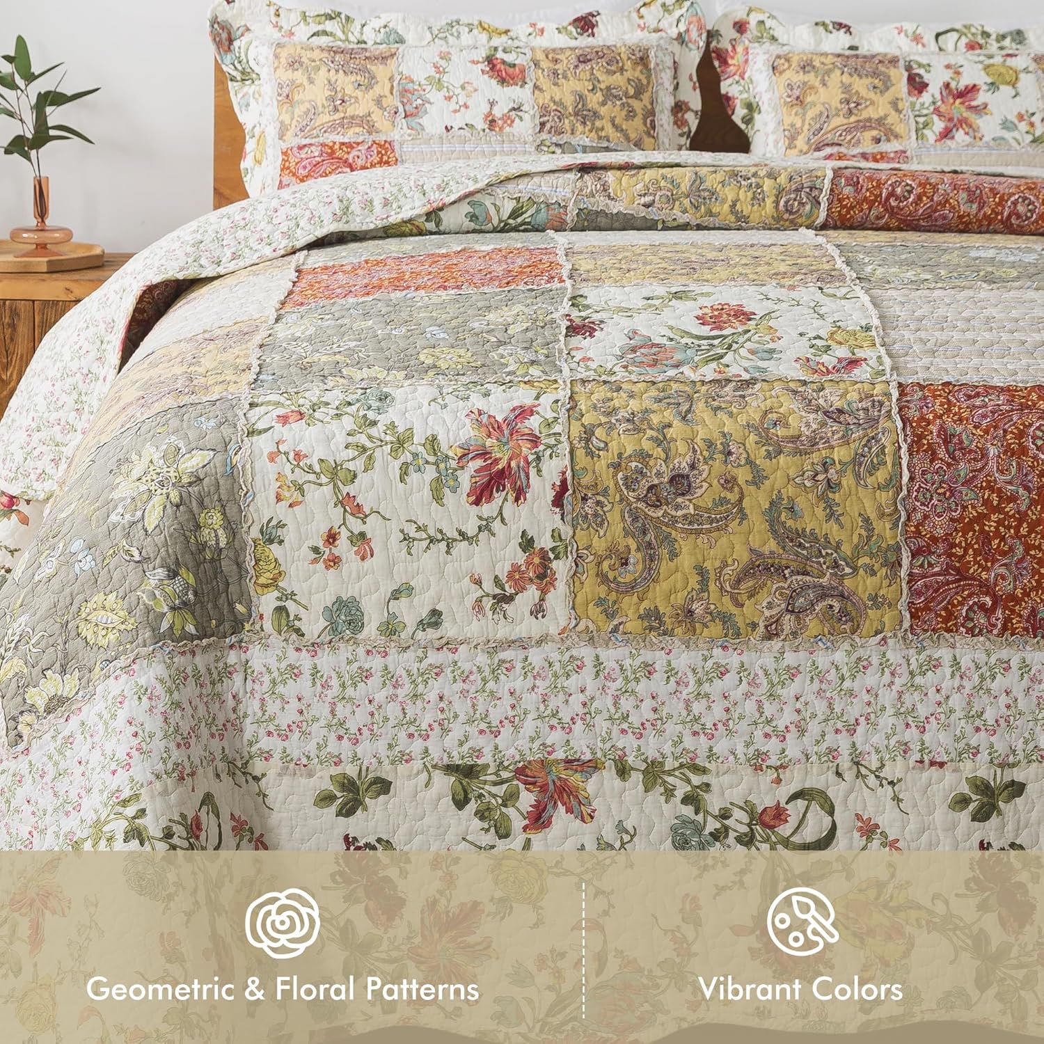 Etwel Queen Quilt Bedding Set Patchwork Lightweight Floragrid Beige Comforter