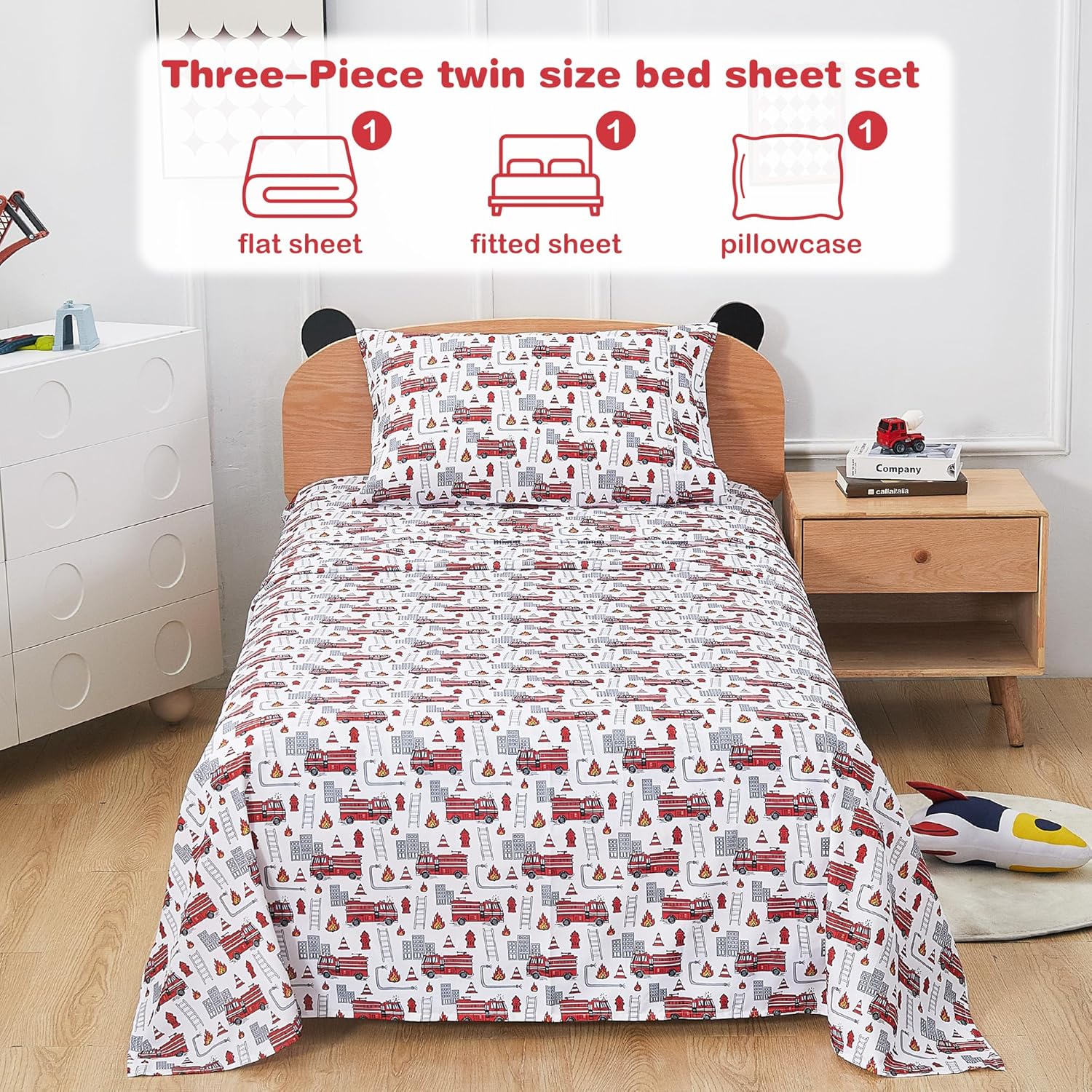 3 Piece Fire Engine Print Twin Bed Sheet Set for Kids