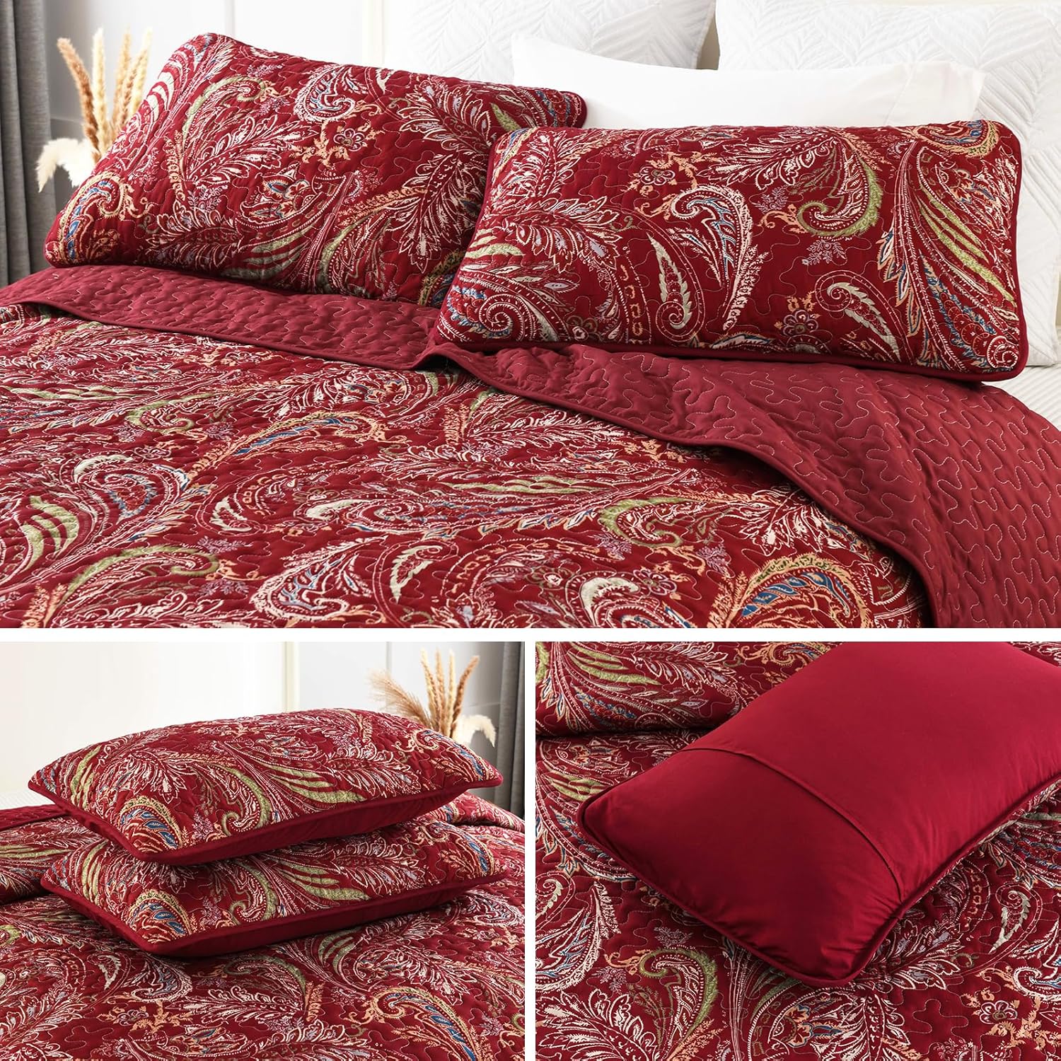 WONGS BEDDING Boho Quilt Set King 3 Piece Red Paisley