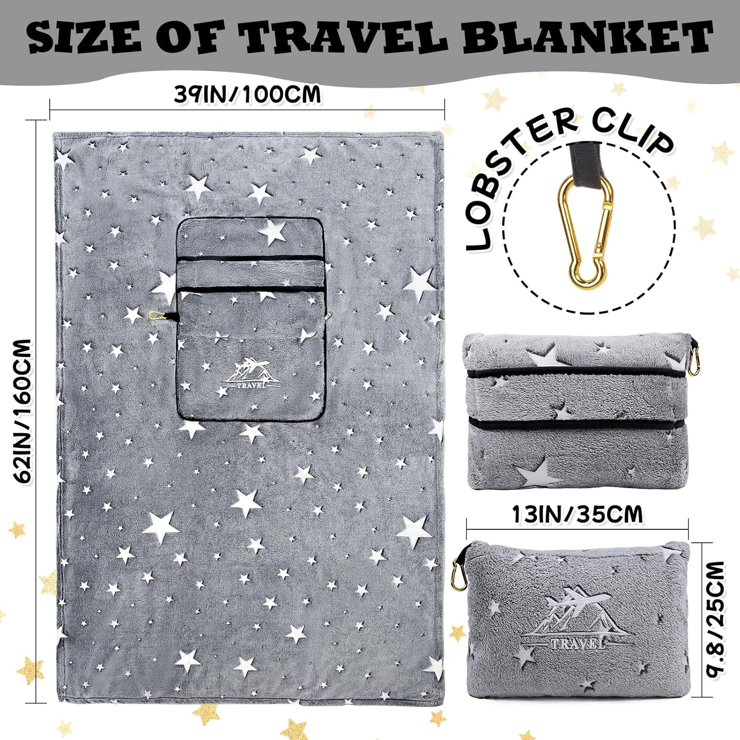 HWING Travel Blanket with Bag - Glow in The Dark Stars Pillow Set