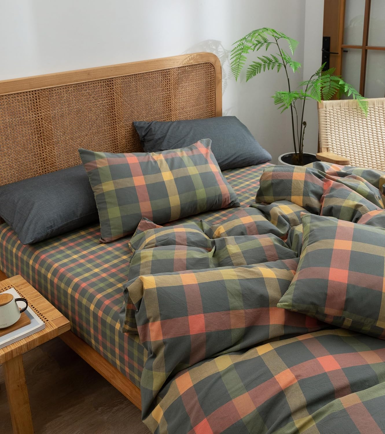 VM VOUGEMARKET Queen Plaid Fitted Sheet with 15 Deep Pocket