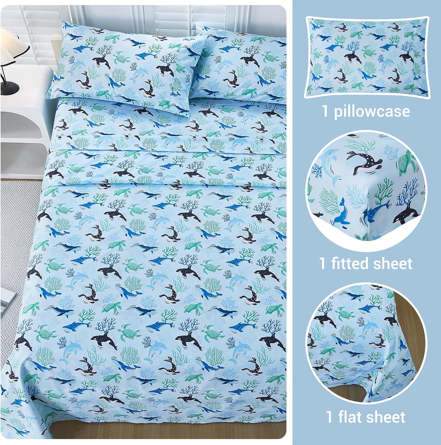 Viviland 3-Piece Kids Blue Ocean Twin Sheet Set