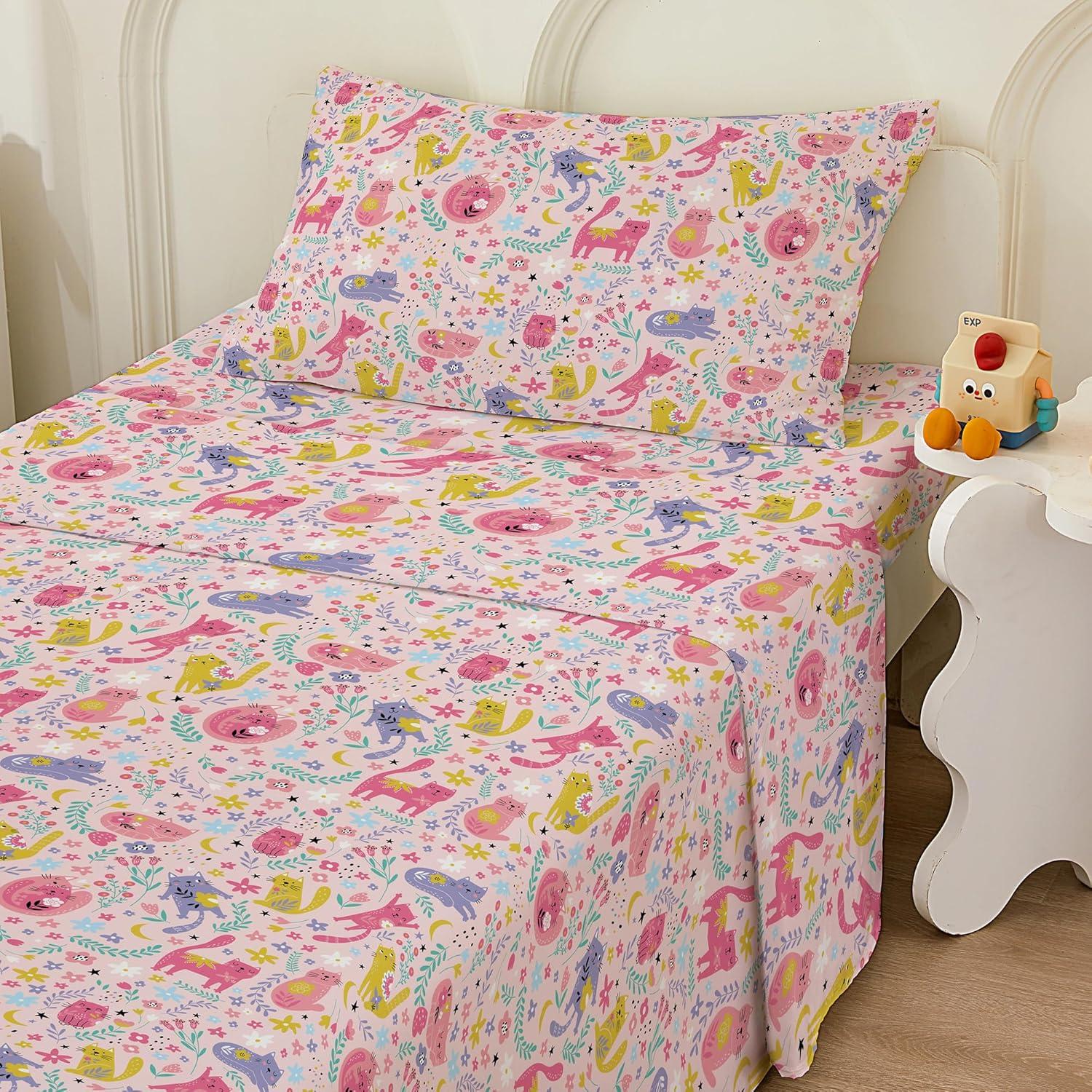 Bedmoon Girls Pink Cat Twin Bed Sheet Set