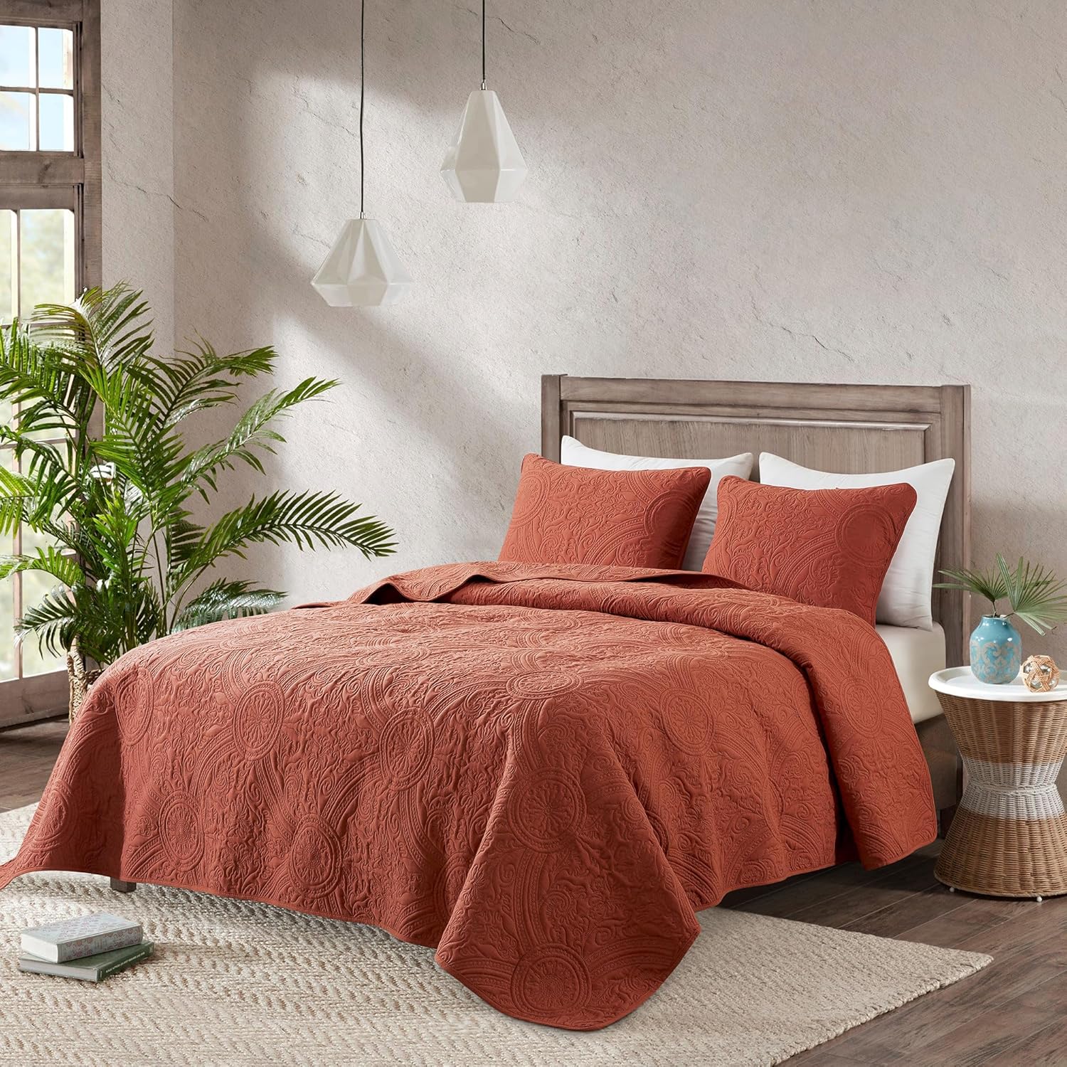 ROARINGWILD Boho Burnt Orange Quilt Set with Pillow Shams
