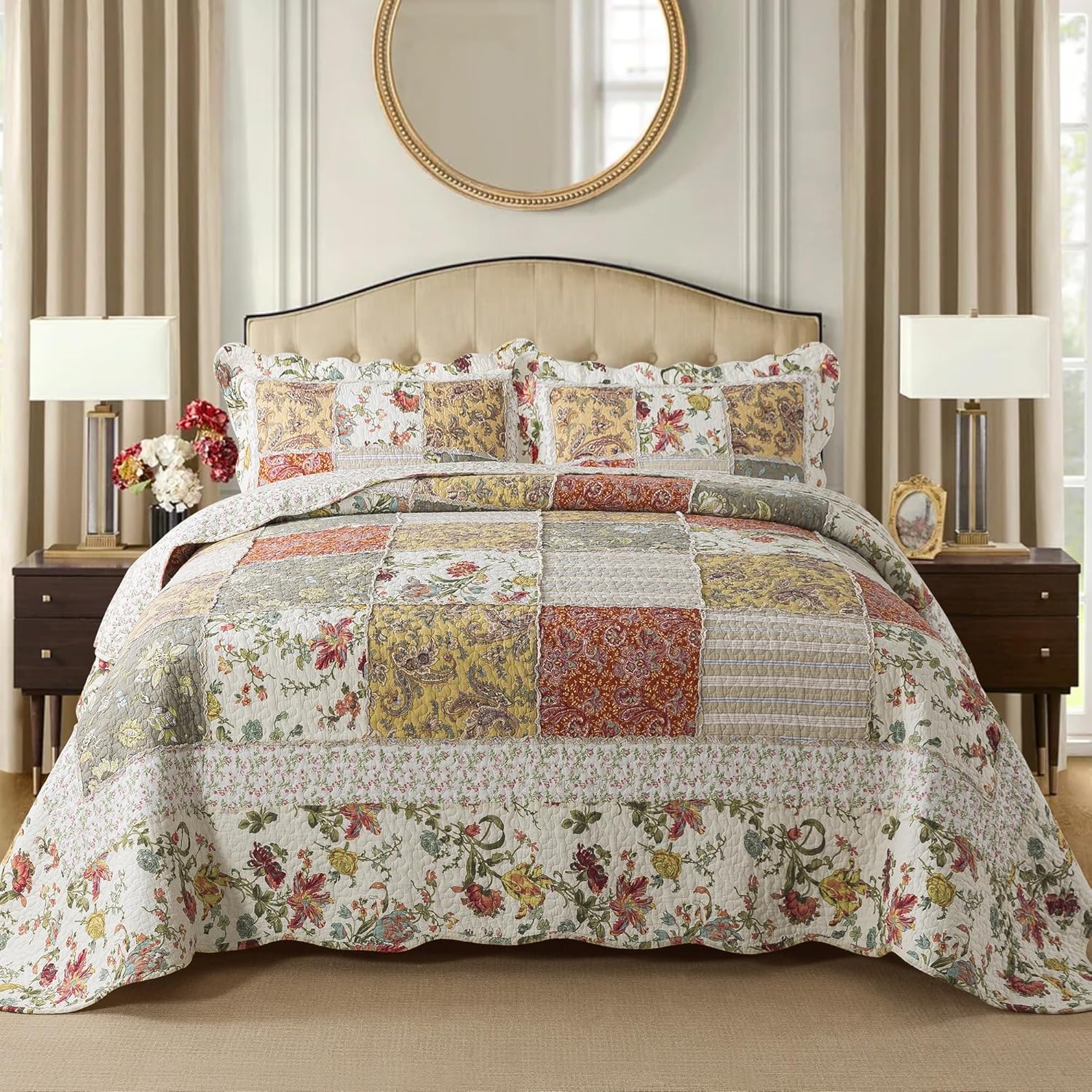Etwel Queen Quilt Bedding Set Patchwork Lightweight Floragrid Beige Comforter