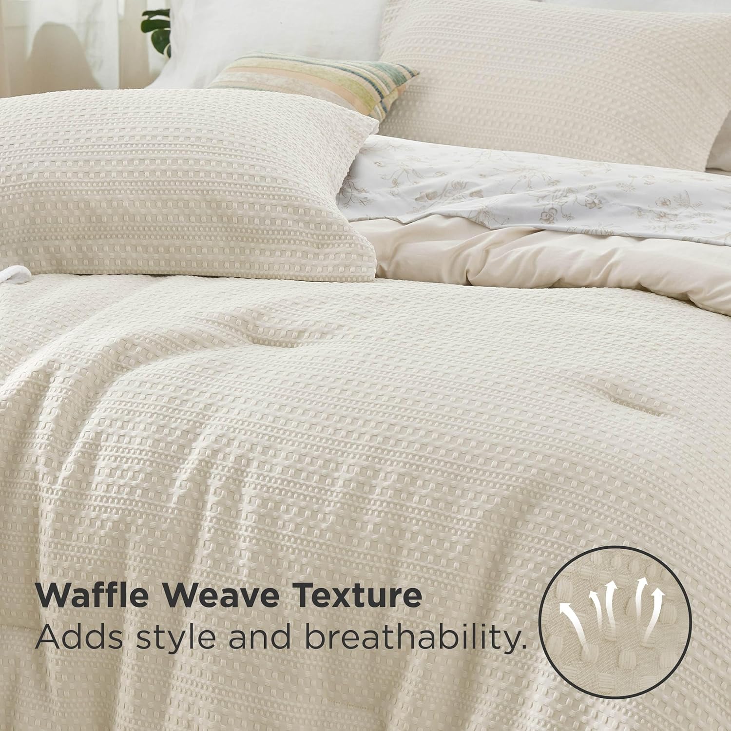 Bedsure King Comforter Set - Beige Floral 4-Piece Waffle Bedding