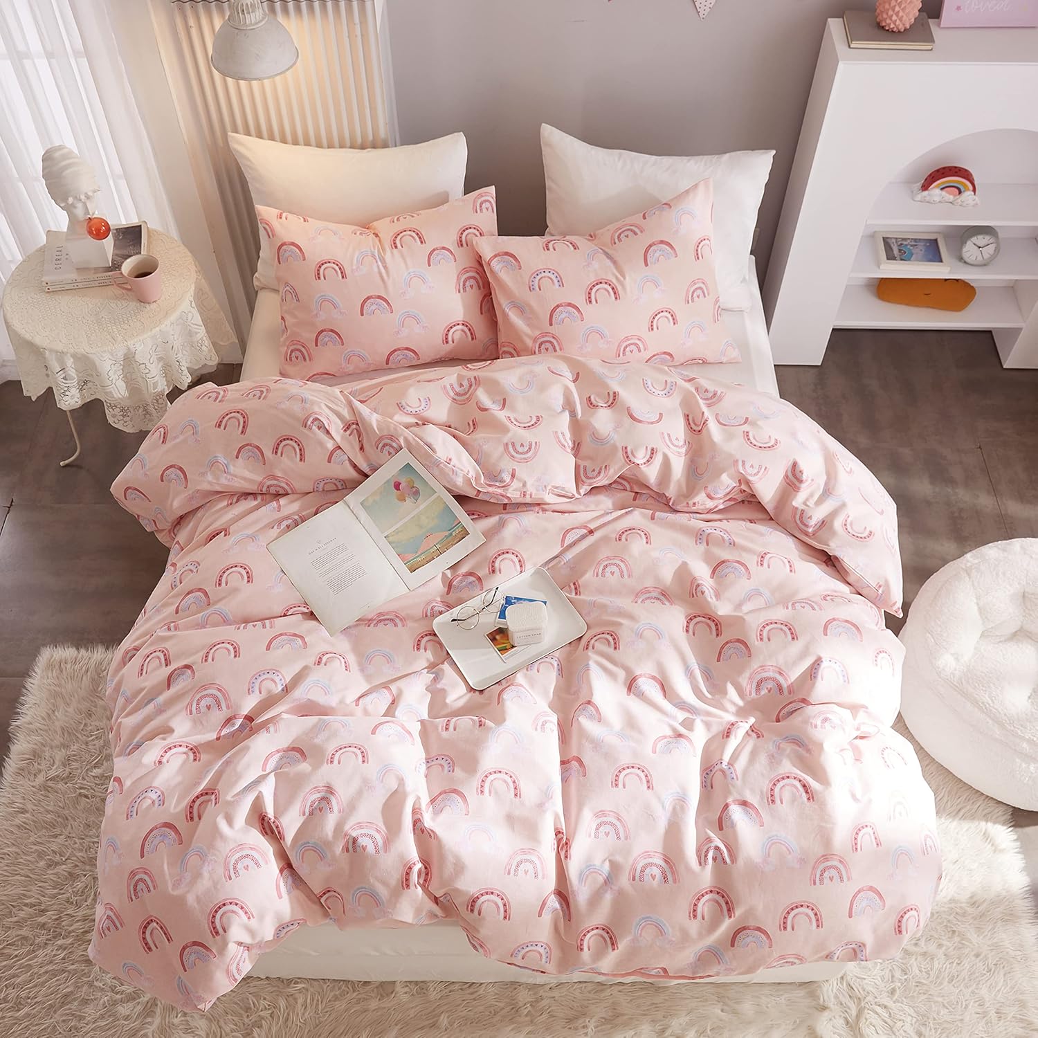 Ivellow Rainbow Pink Twin Duvet Cover Set 3Pcs