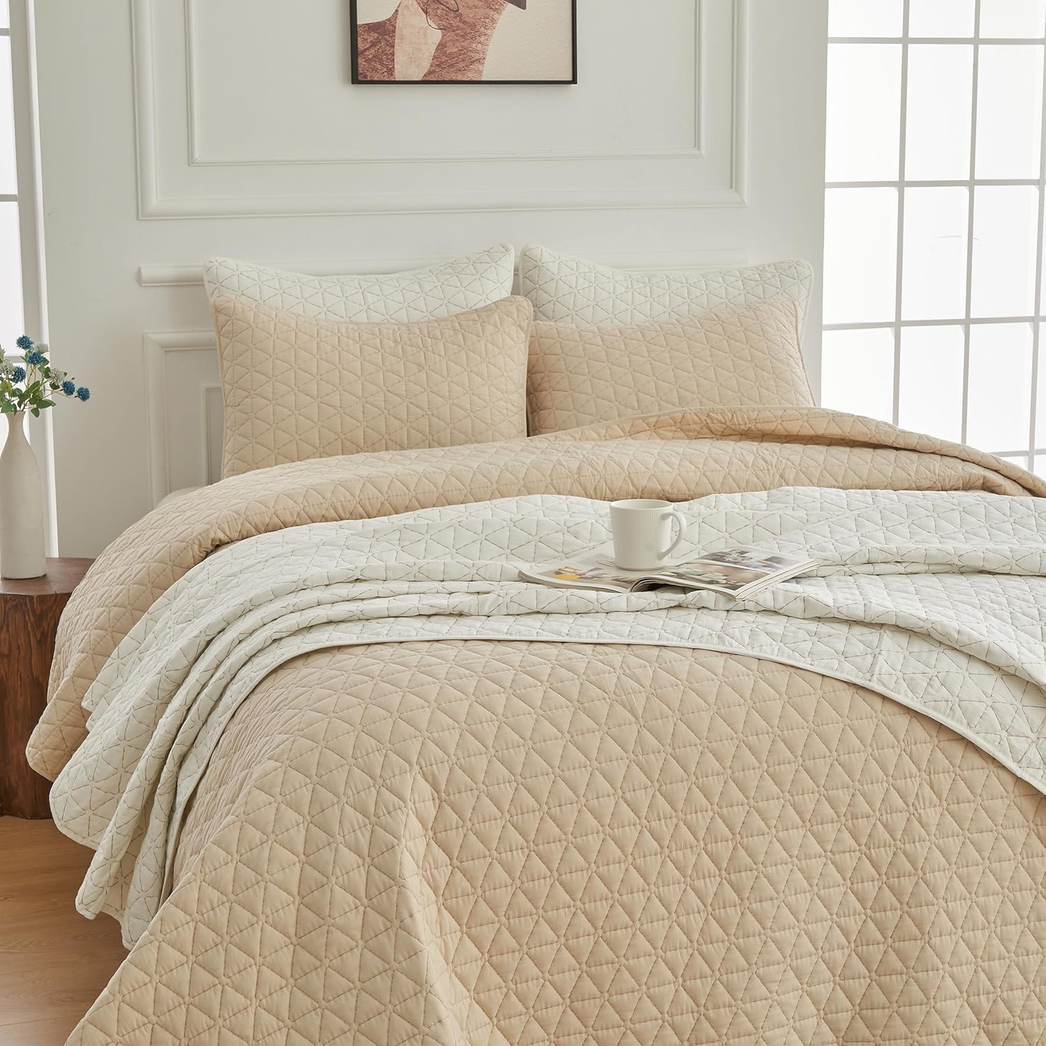 SimpleOpulence Cotton Quilt Set Queen Size Khaki 3-Piece