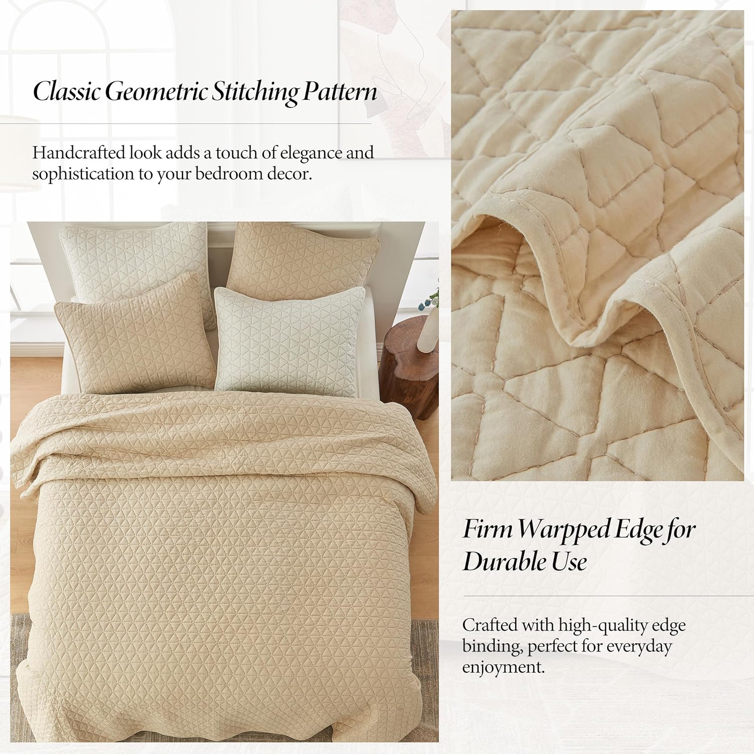 SimpleOpulence Cotton Quilt Set Queen Size Khaki 3-Piece