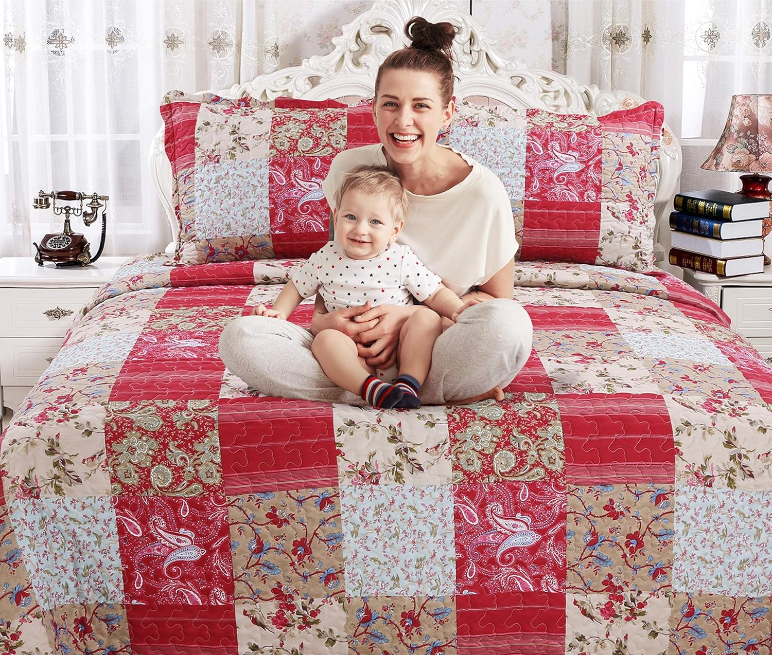 English Roses Quilt Set Reversible 3PC FullQueen Size
